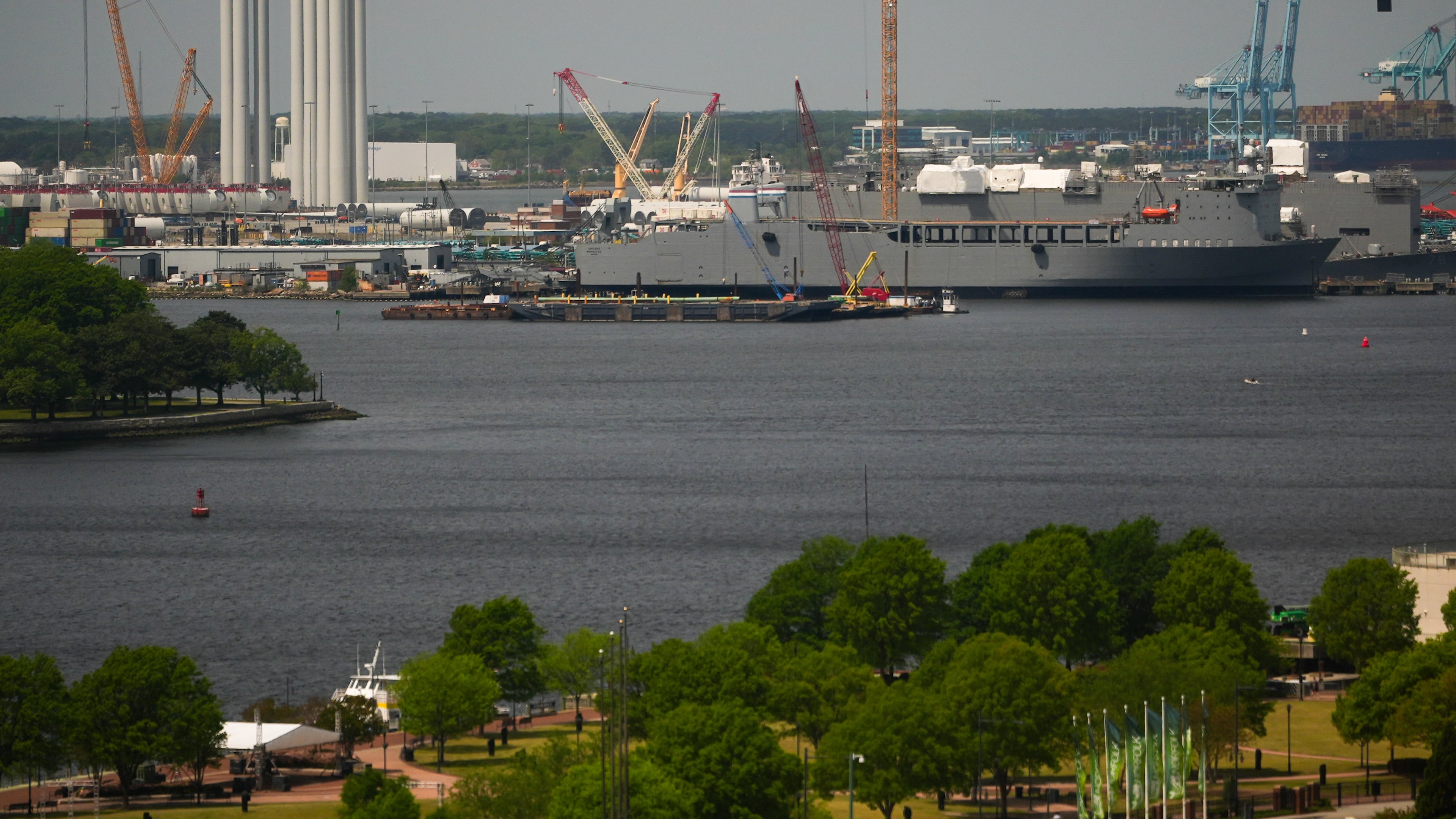 The Dominion Energy Offshore Wind Farm staging area is seen at the Portsmouth Marine terminal Monday, April 13, 2026, in Portsmouth, Va. (AP Photo/Julia Demaree Nikhinson)