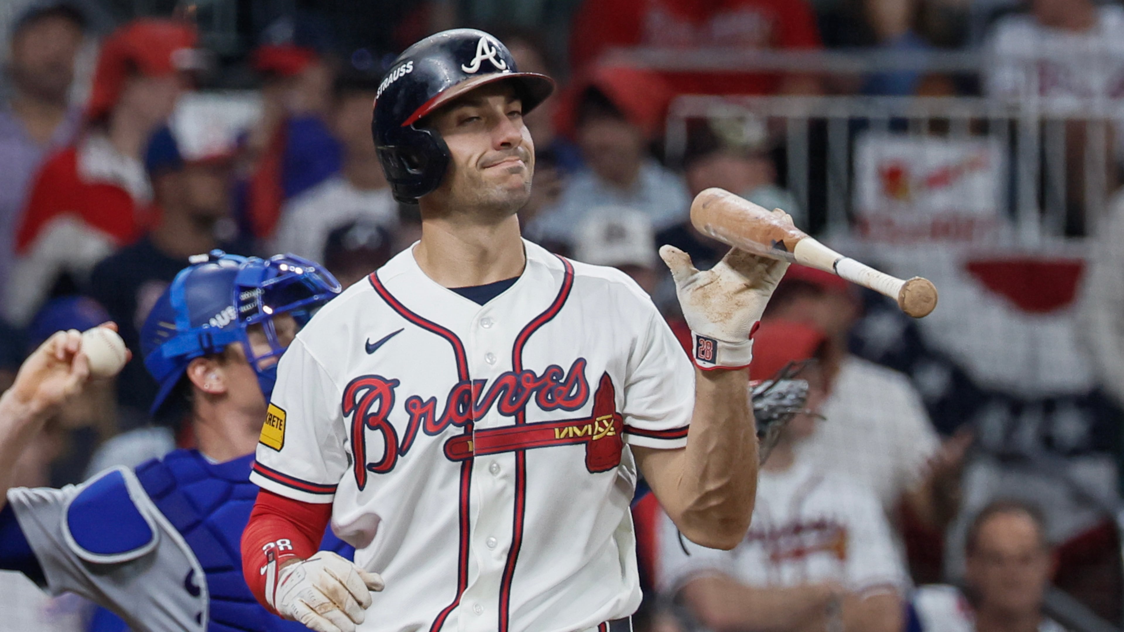 Atlanta Braves' Matt Olson reacts after striking out against the Los Angeles Dodgers during the eighth inning of Game 4 of the MLB National League Division Series between the Atlanta Braves and the Los Angeles Dodgers, Wednesday, Oct. 7, 2026, in Atlanta. (Miguel Martinez/AJC)
