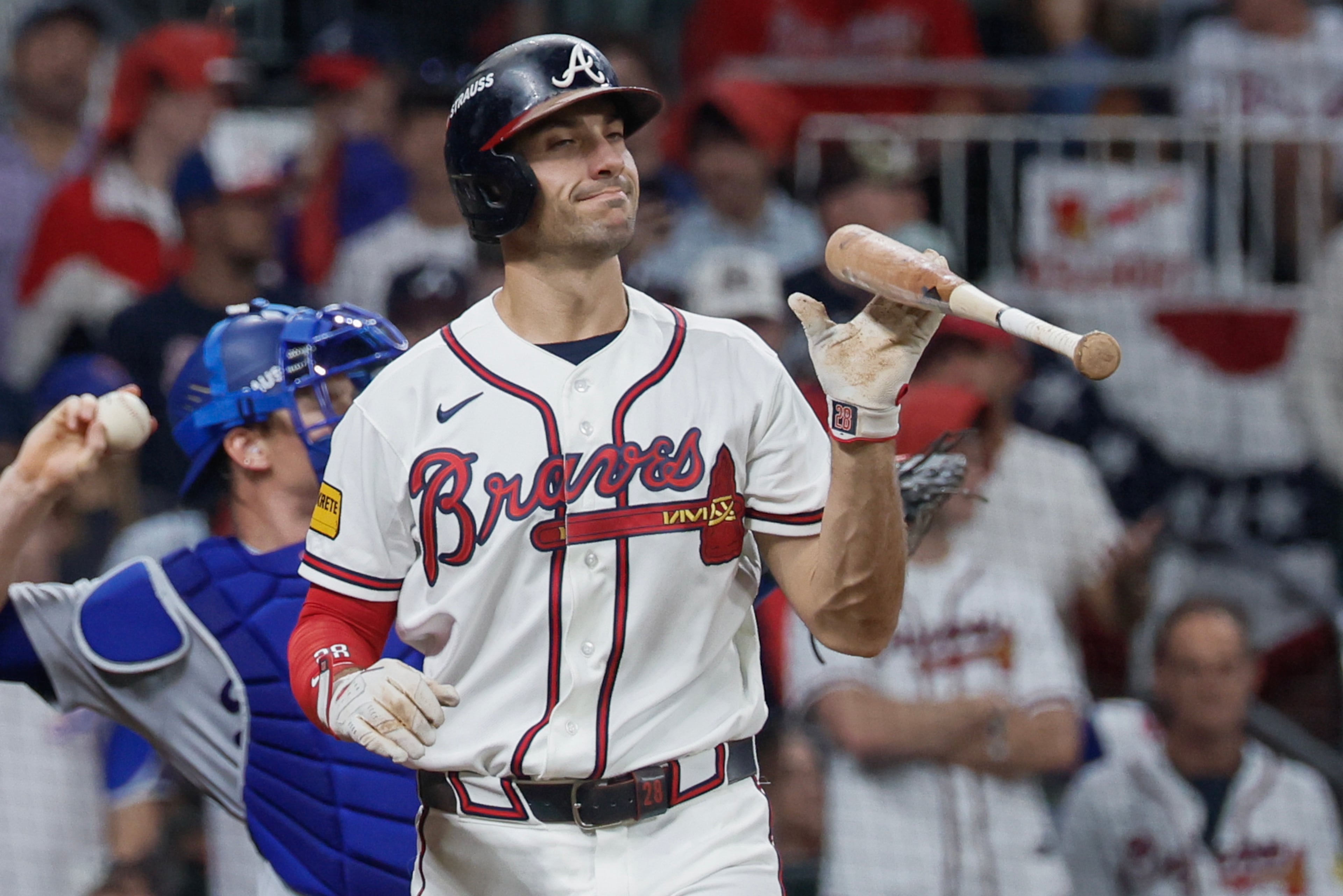 Atlanta Braves' Matt Olson (28) reacts after striking out against the Los Angeles Dodgers during the eighth inning of Game 4 of the MLB National League Division Series between the Atlanta Braves and the Los Angeles Dodgers, Wednesday, Oct. 7, 2026, in Atlanta. (Miguel Martinez/AJC)