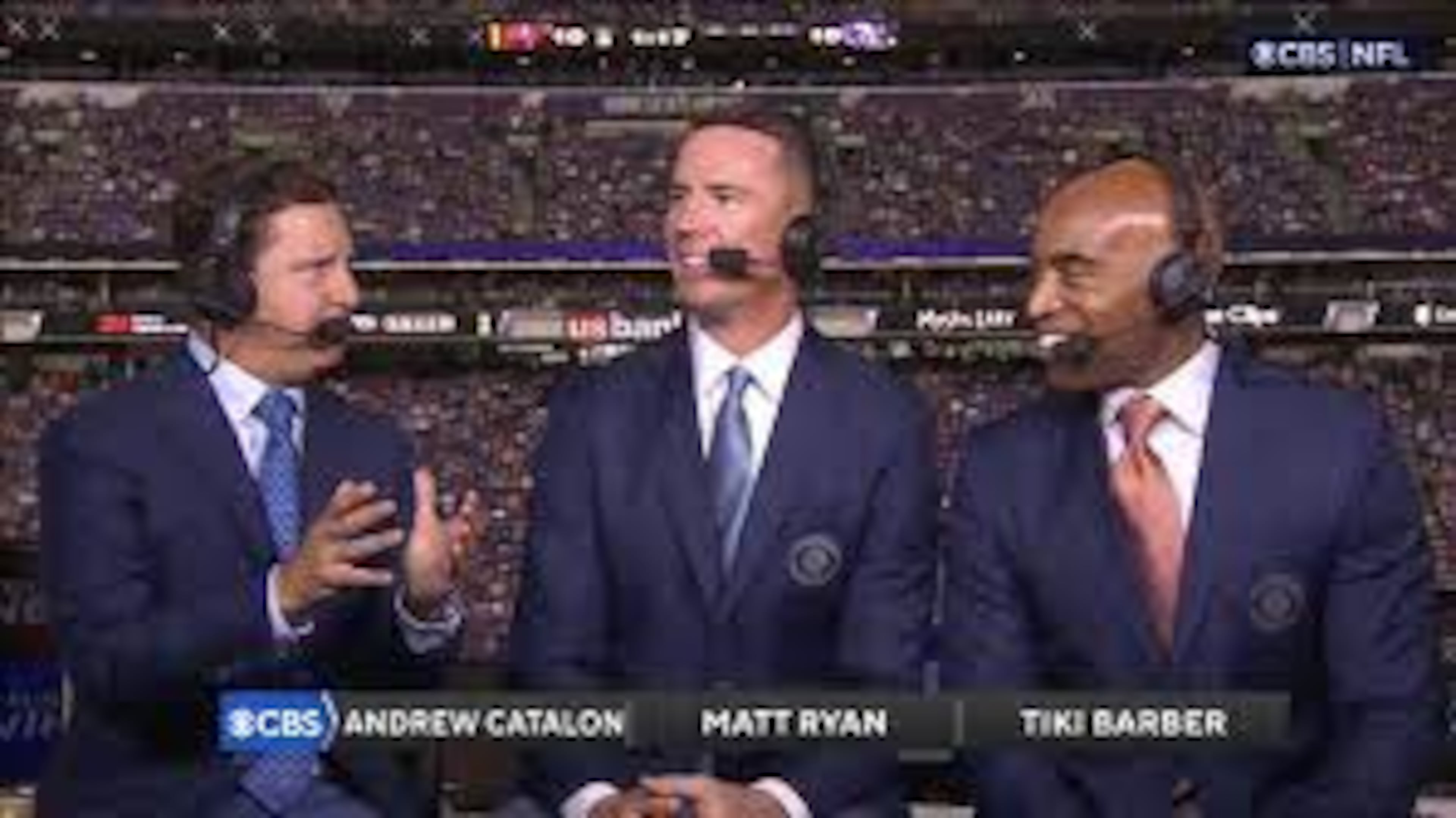 Matt Ryan (center) — pictured on a 2024 CBS football telecast with Andrew Catalon (left) and Tiki Barber on CBS — is now the Falcons' president of football. (Courtesy of CBS 2024)
