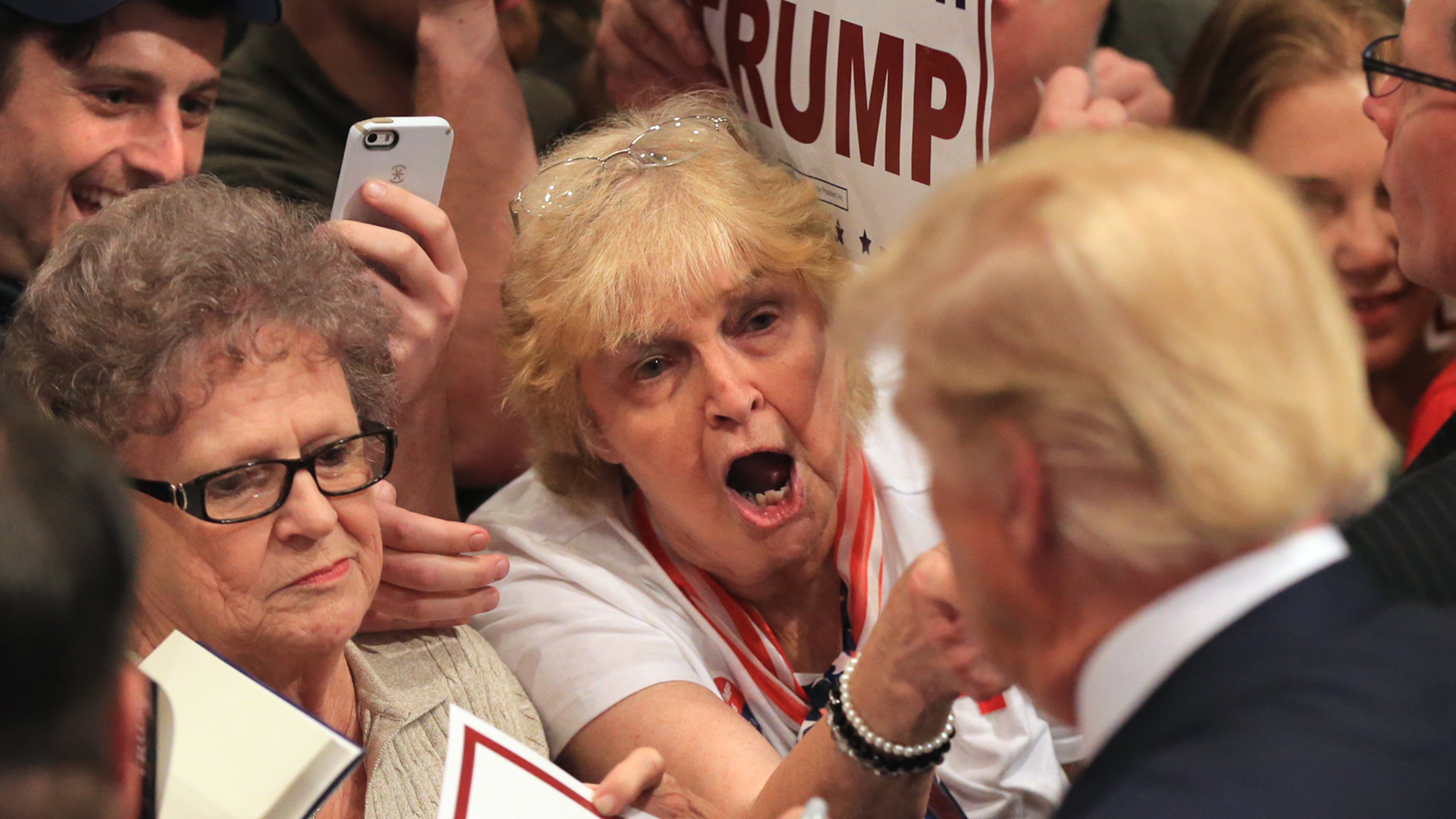 A supporter yells encouragement for his campaign while Donald Trump works the crowd at the conclusion of his second campaign visit to Georgia at the Macon Centreplex Coliseum on Monday, Nov. 30, 2015, in Macon. (AJC/Curtis Compton )