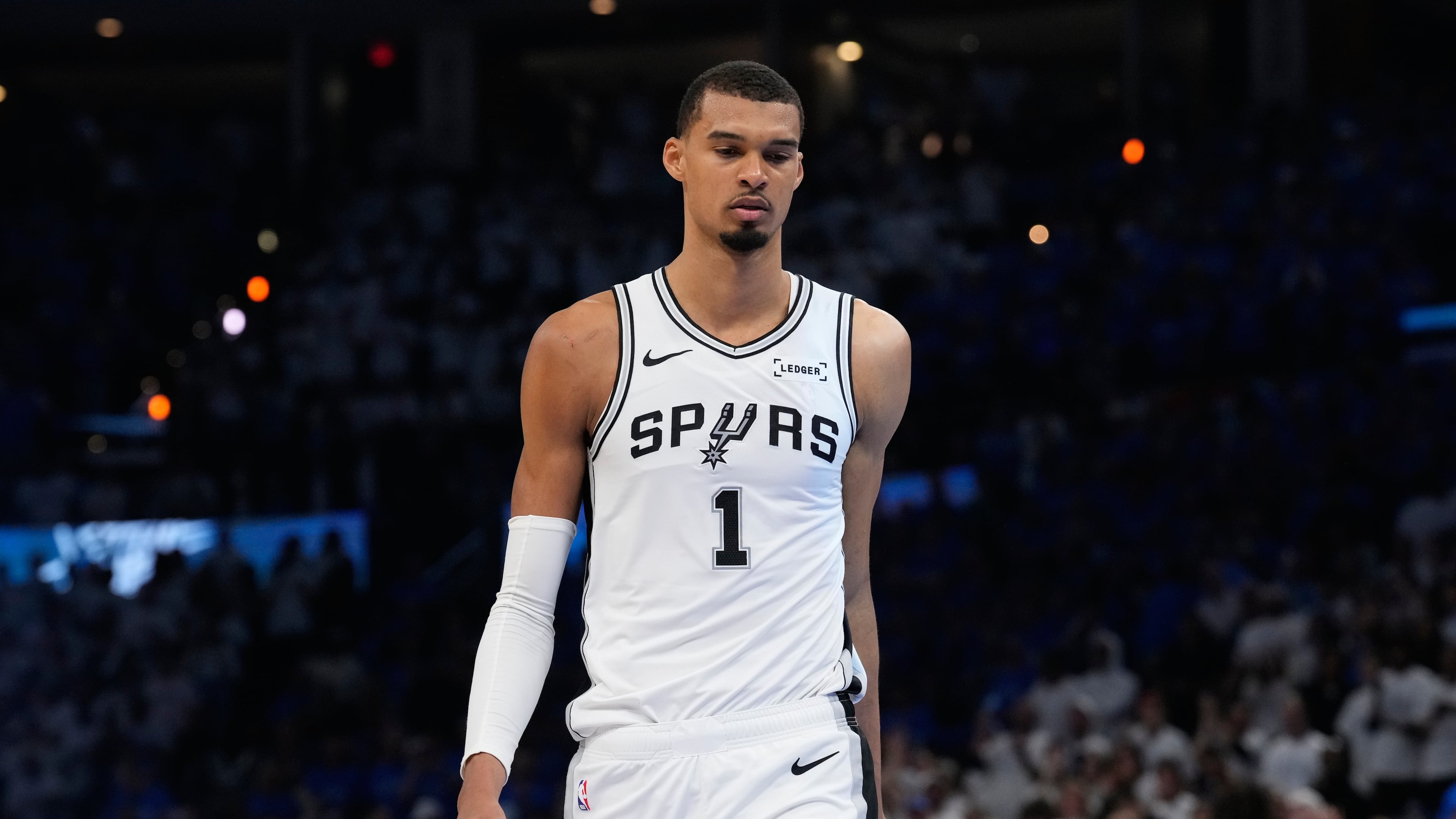 San Antonio Spurs forward Victor Wembanyama reacts after Game 2 in the Western Conference finals NBA basketball playoffs series against the Oklahoma City Thunder Wednesday, May 20, 2026, in Oklahoma City. (AP Photo/Tony Gutierrez)