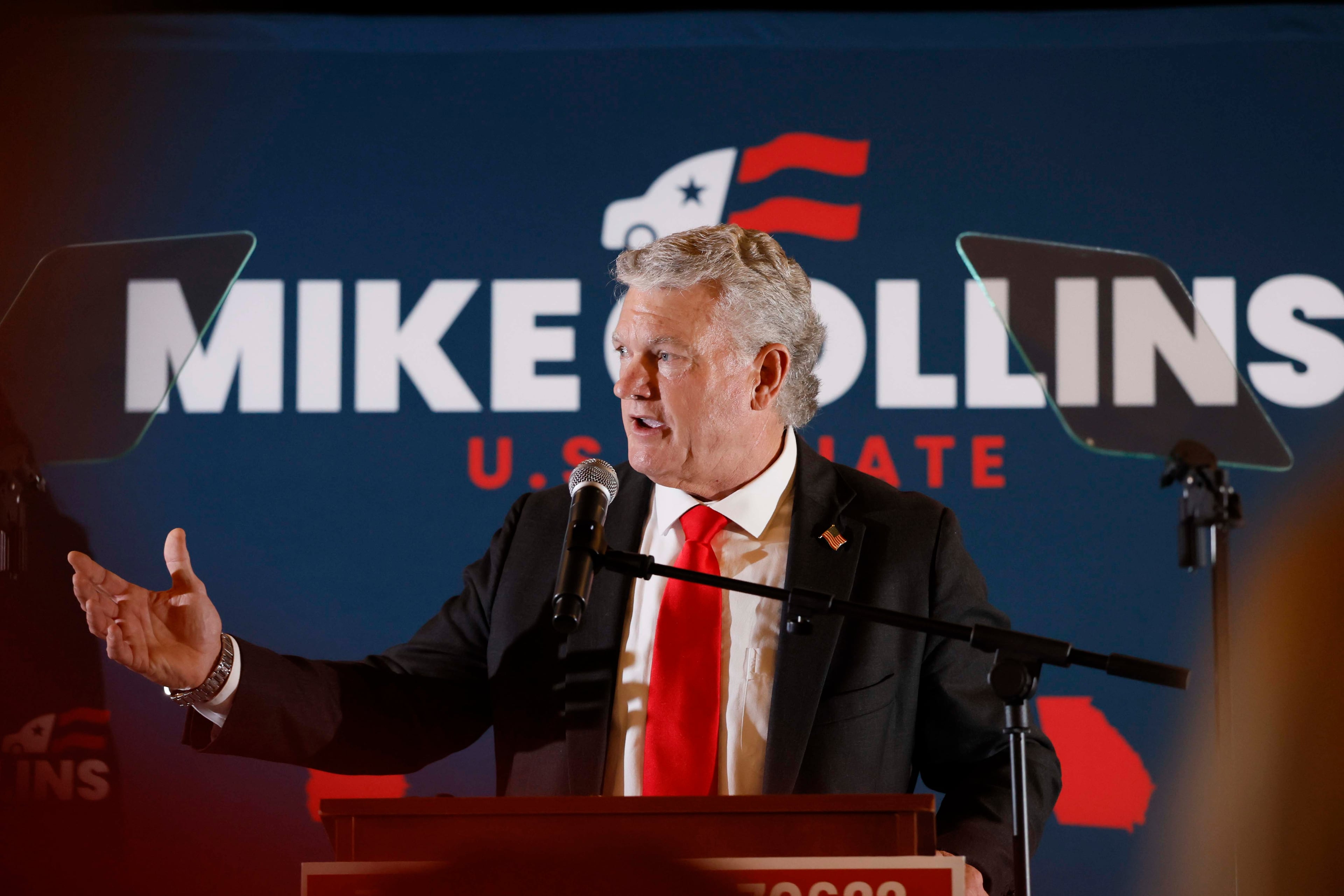 U.S. Rep. Mike Collins speaks at his runoff election watch party after winning the Republican nomination for U.S. Senate in June. (Miguel Martinez/AJC)