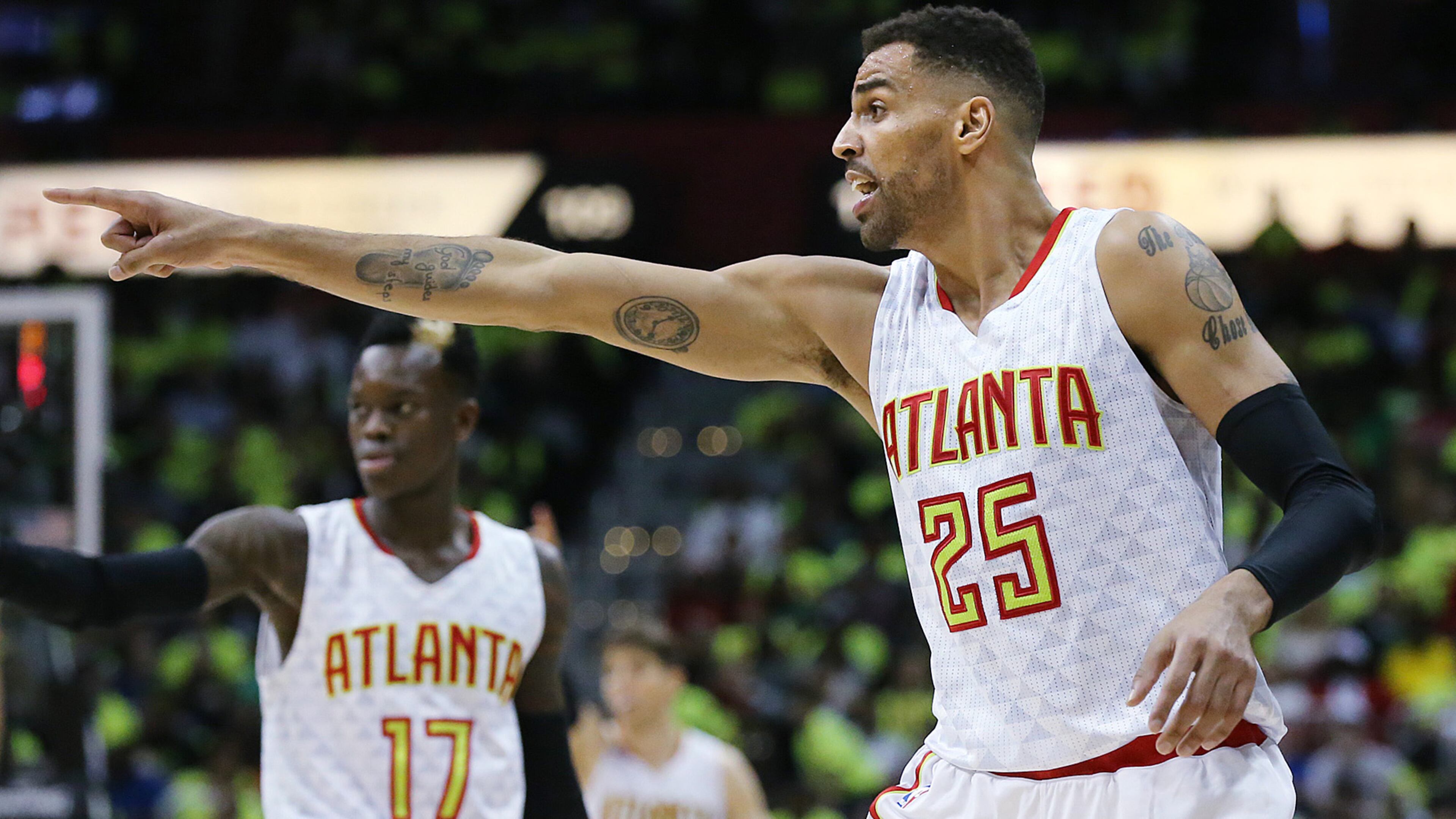 Hawks Thabo Sefolosha makes a point against the Celtics in game one of their NBA Eastern Conference first round playoff game at Philips Arena on Saturday, April 16, 2016. Curtis Compton / ccompton@ajc.com