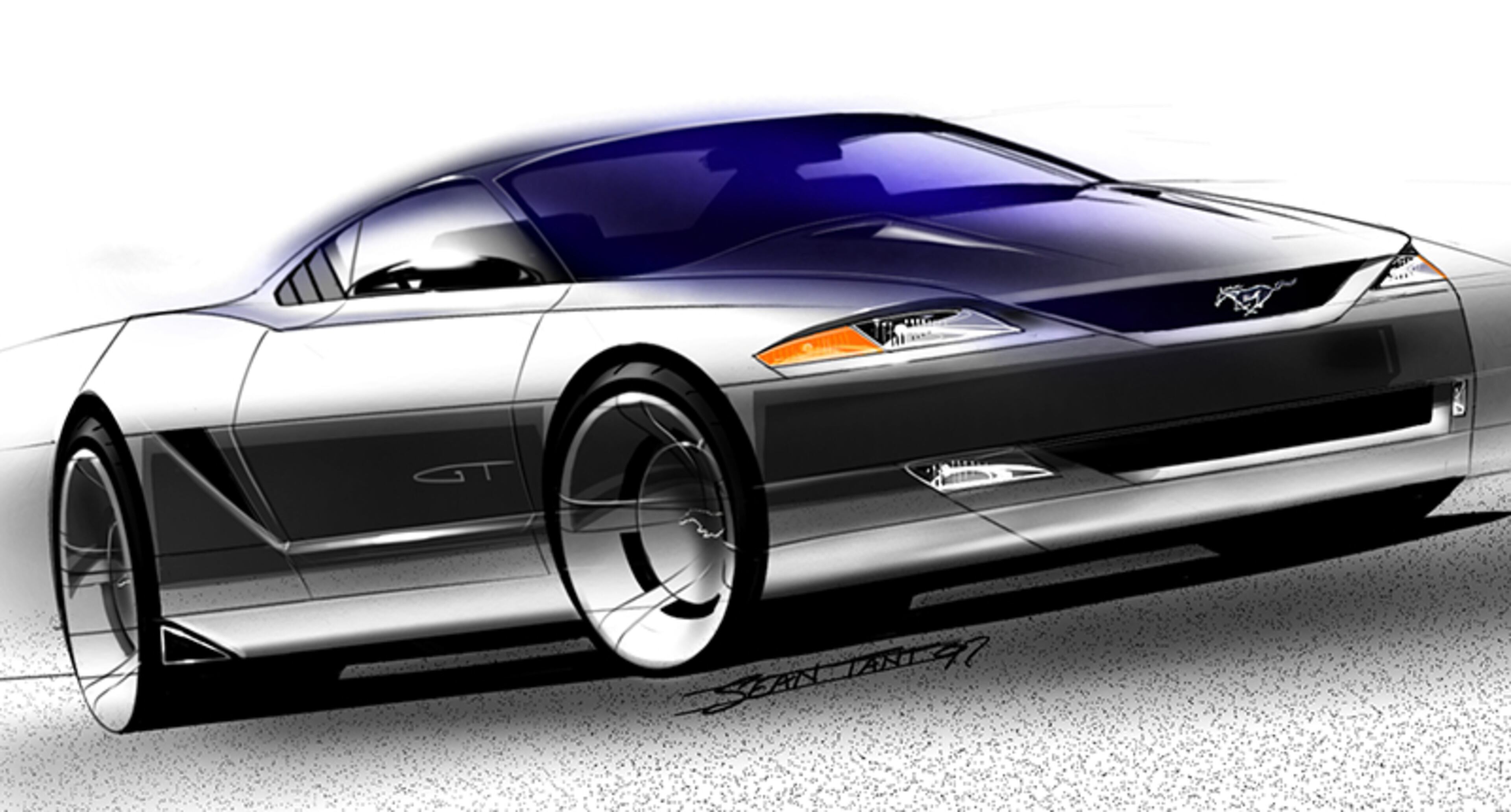 This very early sketch bears many of the hallmarks of 1990s design with what appears to be a very cab-forward layout and steeply sloping hood. From this angle it looks more likely to have a mid-engine layout than the classic front-engined Mustang.