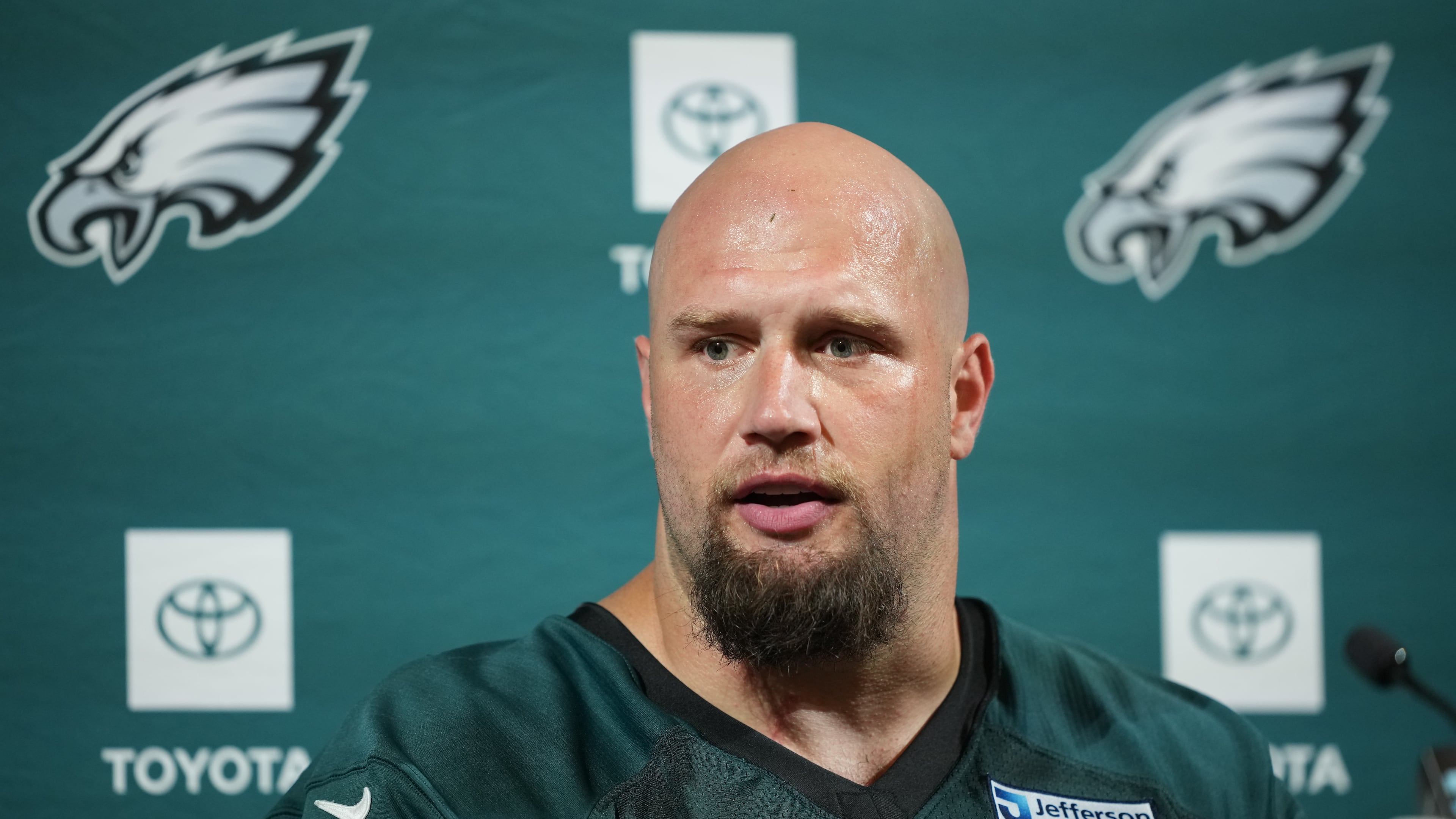 FILE - Philadelphia Eagles' Lane Johnson speaks during a news conference at the NFL football team's training facility, Tuesday, June 9, 2026, in Philadelphia. (AP Photo/Matt Rourke, File)
