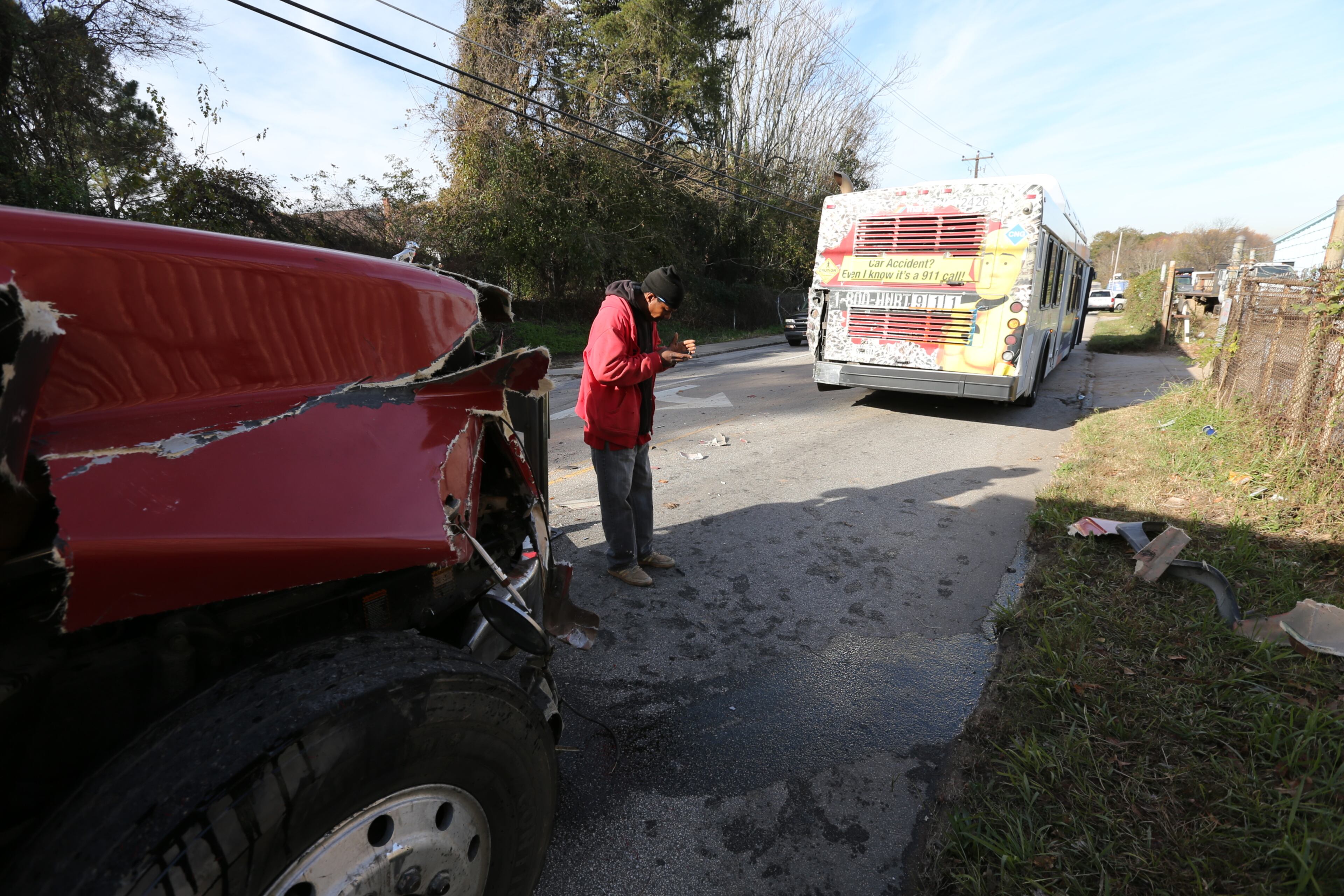 Seven people were taken to Grady Memorial Hospital with non-life-threatening injuries after a Tuesday morning wreck involving a MARTA bus and a dump truck. BOB ANDRES / BANDRES@AJC.COM