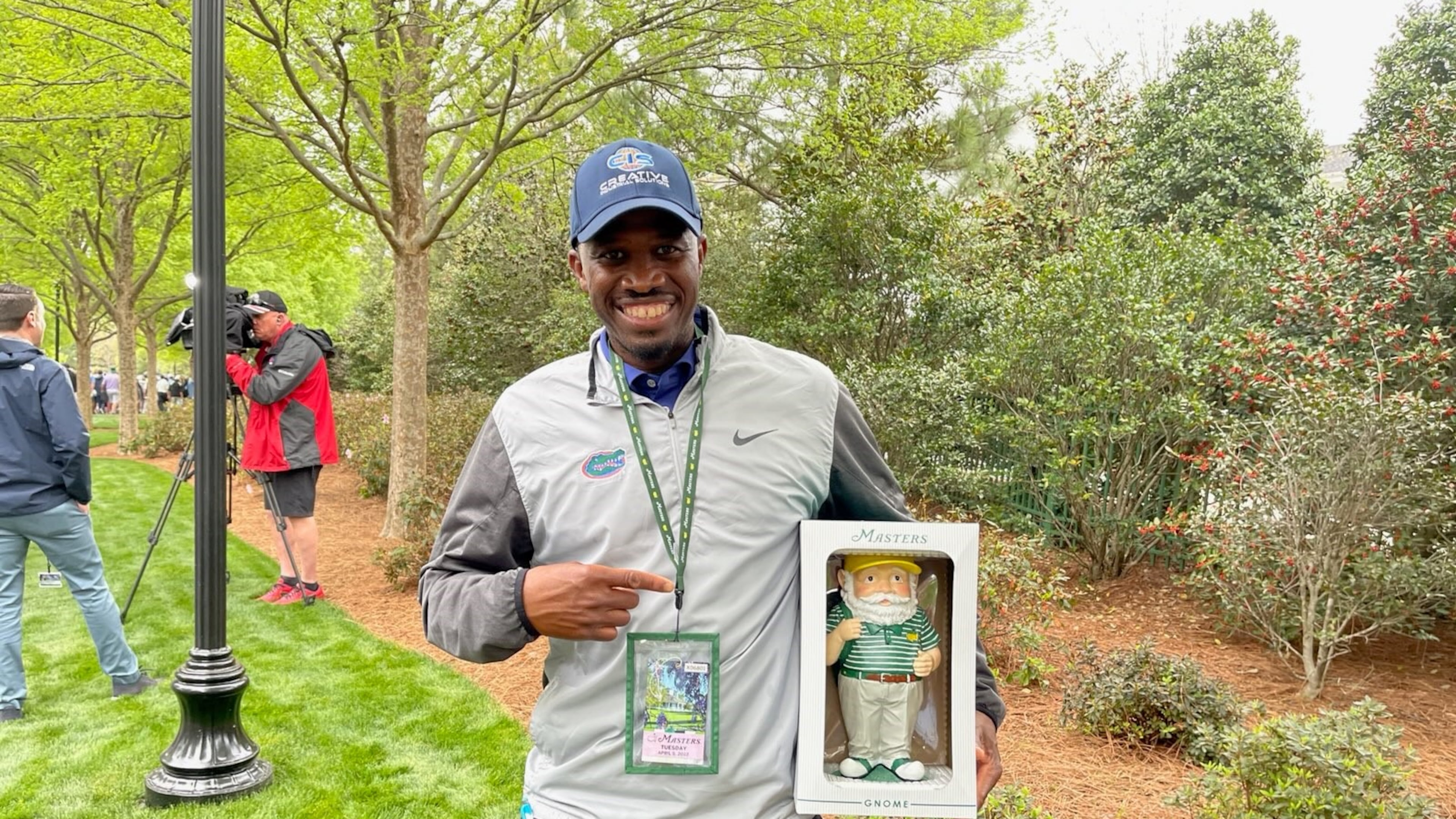 Masters patron Derrick Terrell of Gainesville, Fla., was one of the lucky spectators to come away with a gnome from the Augusta National gift shop on Tuesday.