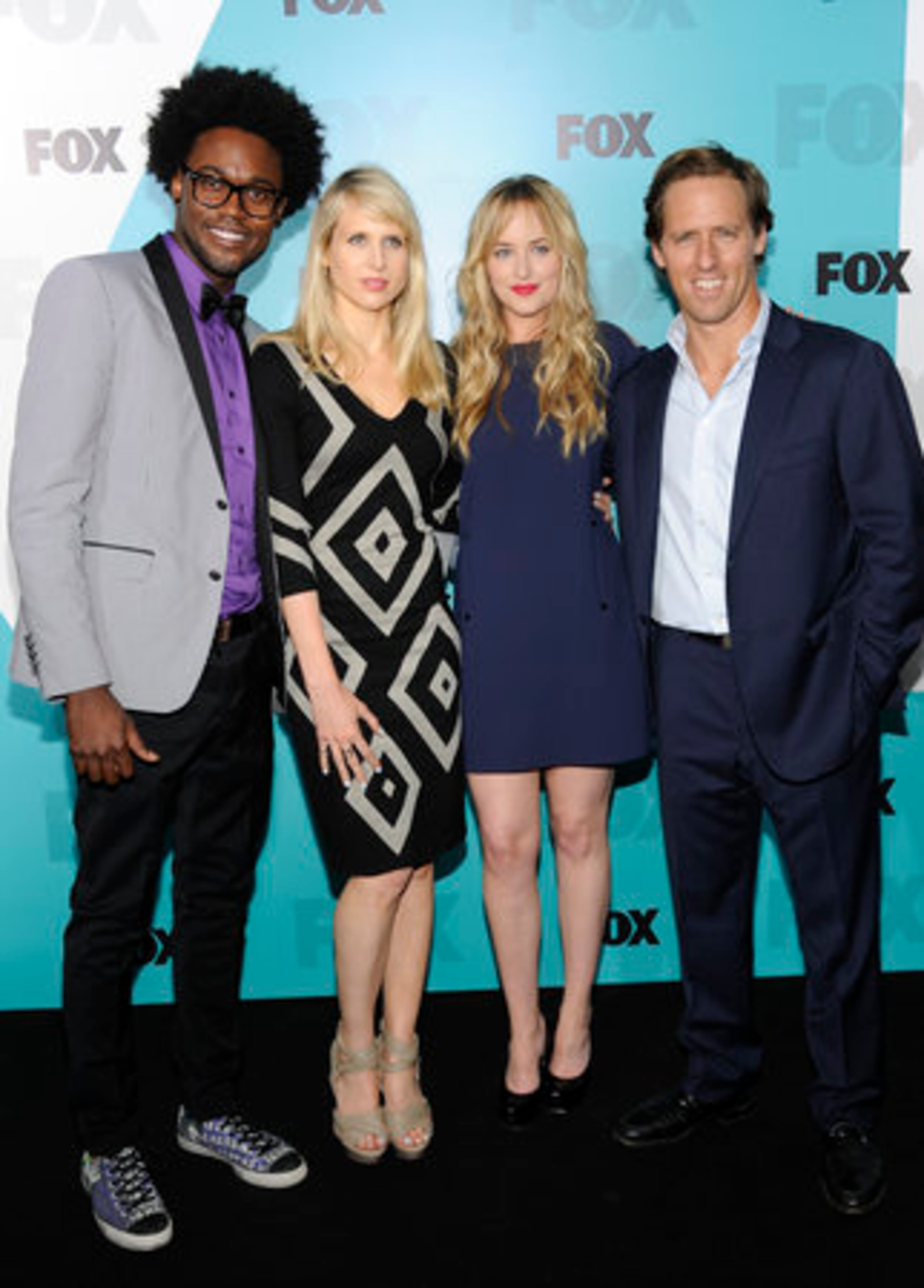 'Ben and Kate' cast members, from left, Echo Kellum, Lucy Punch, Dakota Johnson and Nat Faxon attend the FOX network upfront presentation party at Wollman Rink, Monday, May 14, 2012 in New York.