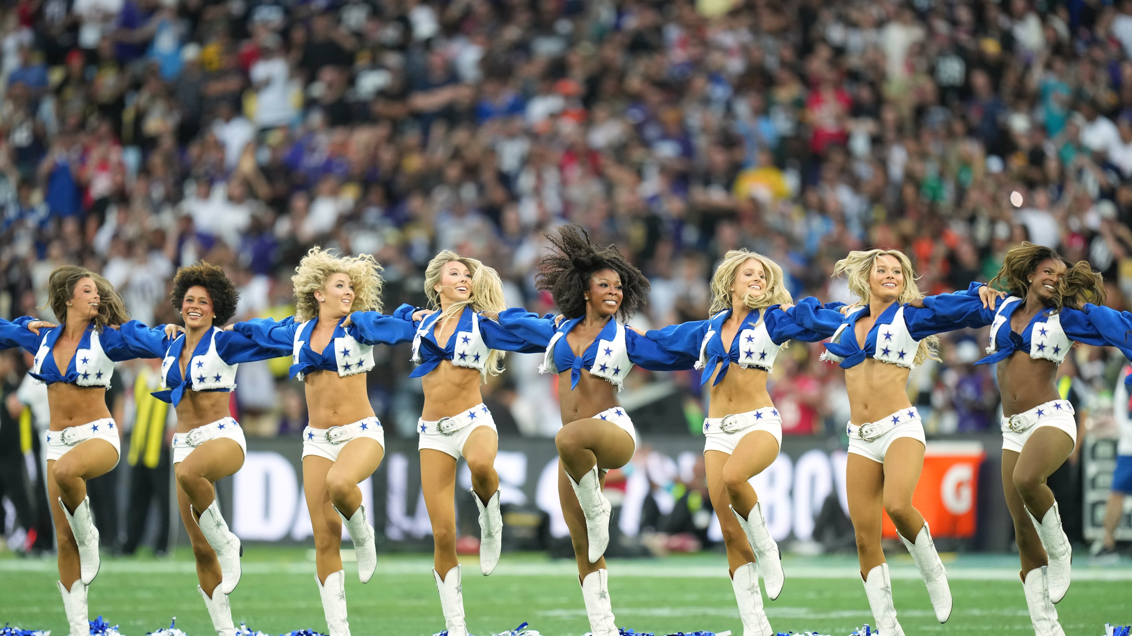 Dallas Cowboys cheerleaders perform before an NFL football game against the Baltimore Ravens in Rio de Janeiro, Sunday, Sept. 27, 2026. (AP Photo/Andre Penner)