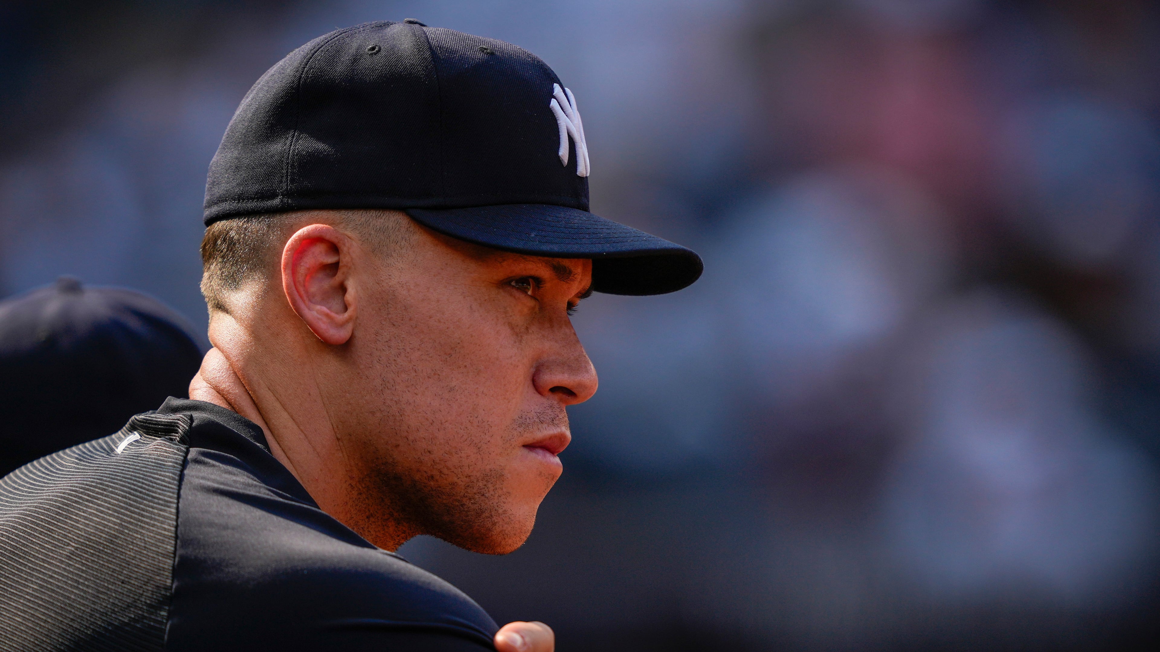 New York Yankees' Aaron Judge watches from the dugout during the ninth inning of a baseball game against the Seattle Mariners, Thursday, Aug. 13, 2026, in New York. (AP Photo/Yuki Iwamura)