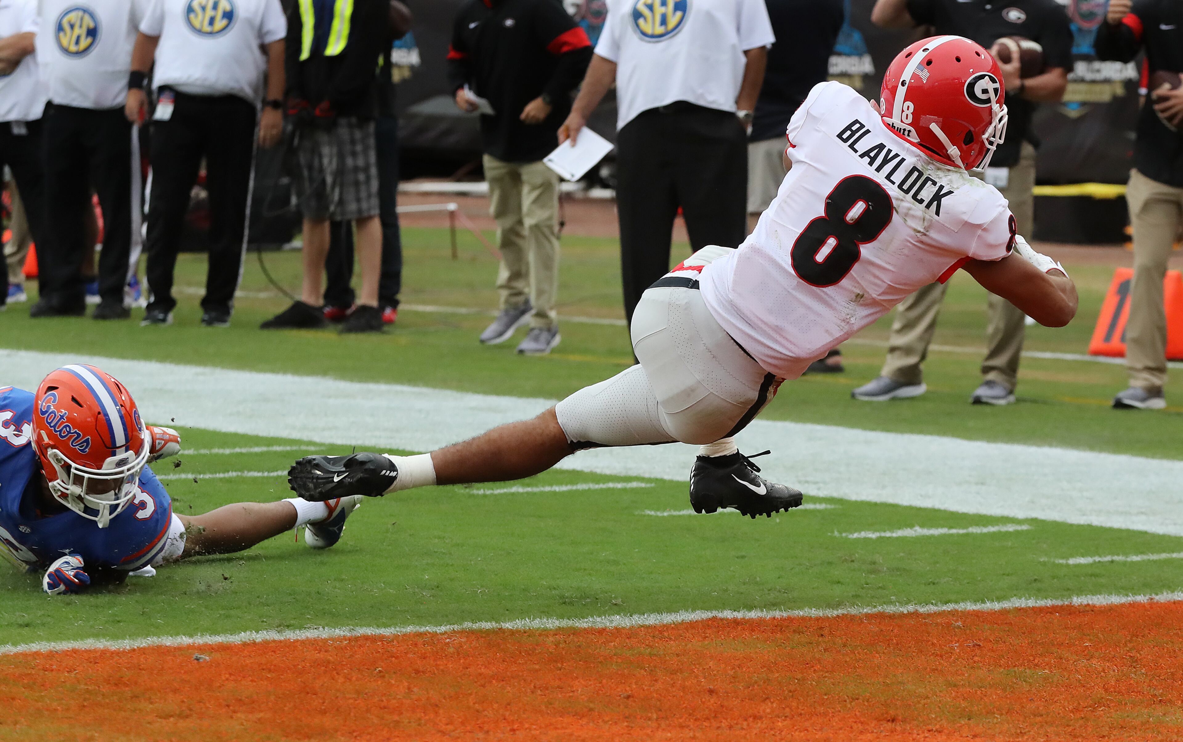 Georgia wide receiver Dominick Blaylock gets past Florida defensive back Marco Wilson for a touchdown reception from Jake Fromm to take a 10-0 lead during the second quarter in a NCAA college football game on Saturday, November 2, 2019, in Jacksonville. Curtis Compton/ccompton@ajc.com