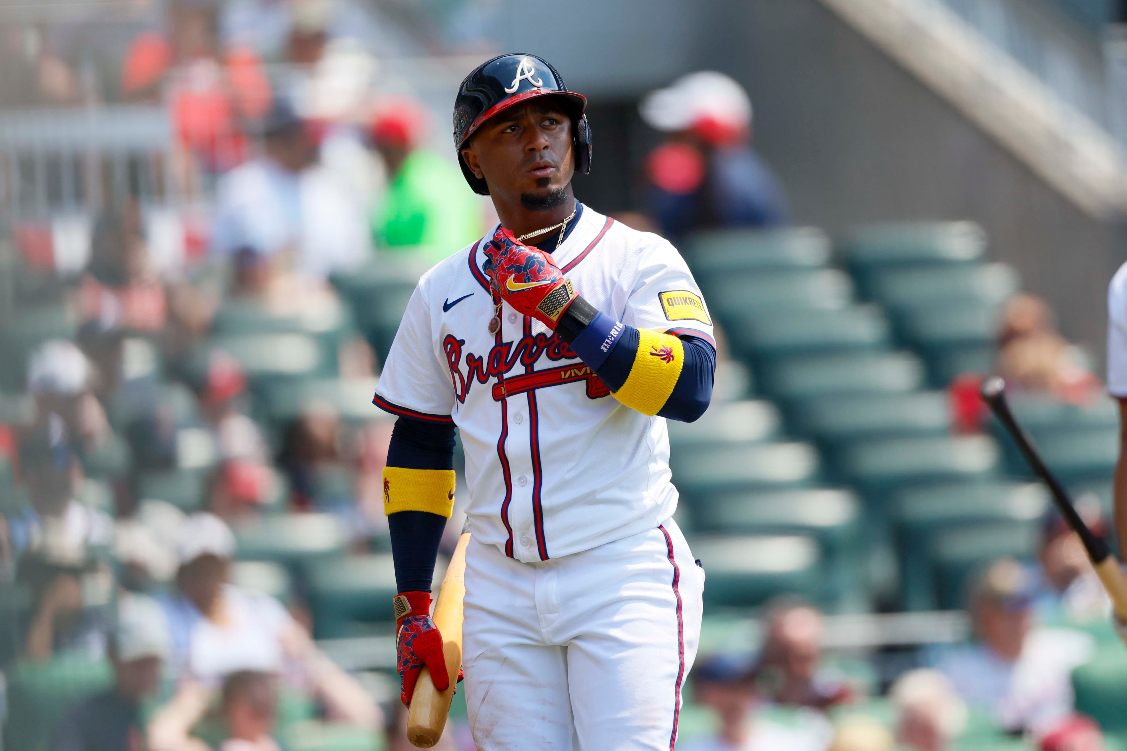 Atlanta Braves second base Ozzie Albies (1) looks at the jumbotron after striking out during the second inning against the Baltimore Orioles at Truist Park on Sunday, July 6, 2025, in Atlanta.
(Miguel Martinez/ AJC)