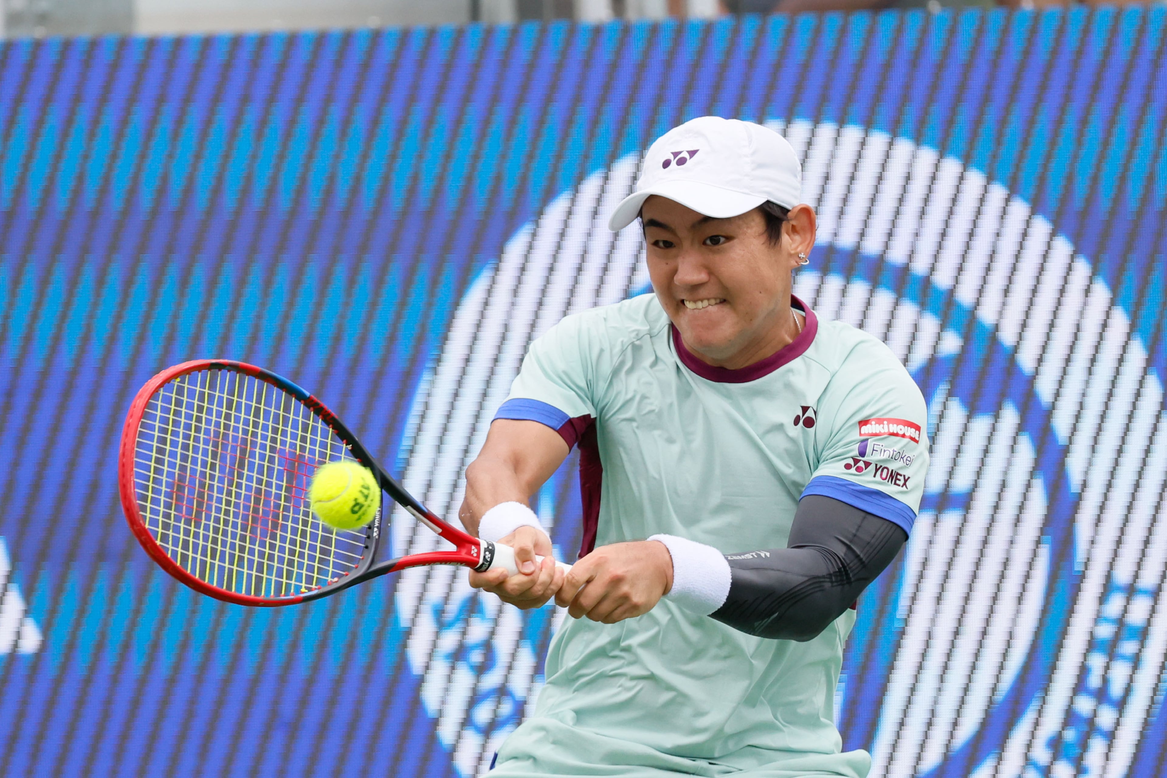 Japan’s Yoshihito Nishioka hits a backhand during a final match at the 2024 Atlanta Tennis Open at Atlantic Station on Sunday, July 28, 2024, in Atlanta.
(Miguel Martinez / AJC)