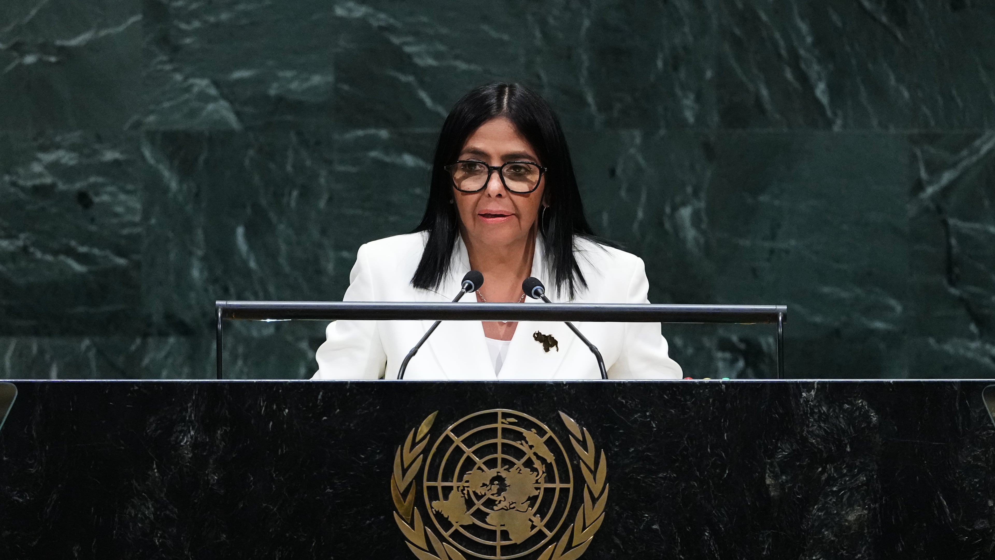 Delcy Rodríguez, acting president of Venezuela, addresses the 81st session of the United Nations General Assembly at U.N. headquarters Wednesday, Sept. 23, 2026. (AP Photo/Frank Franklin II)