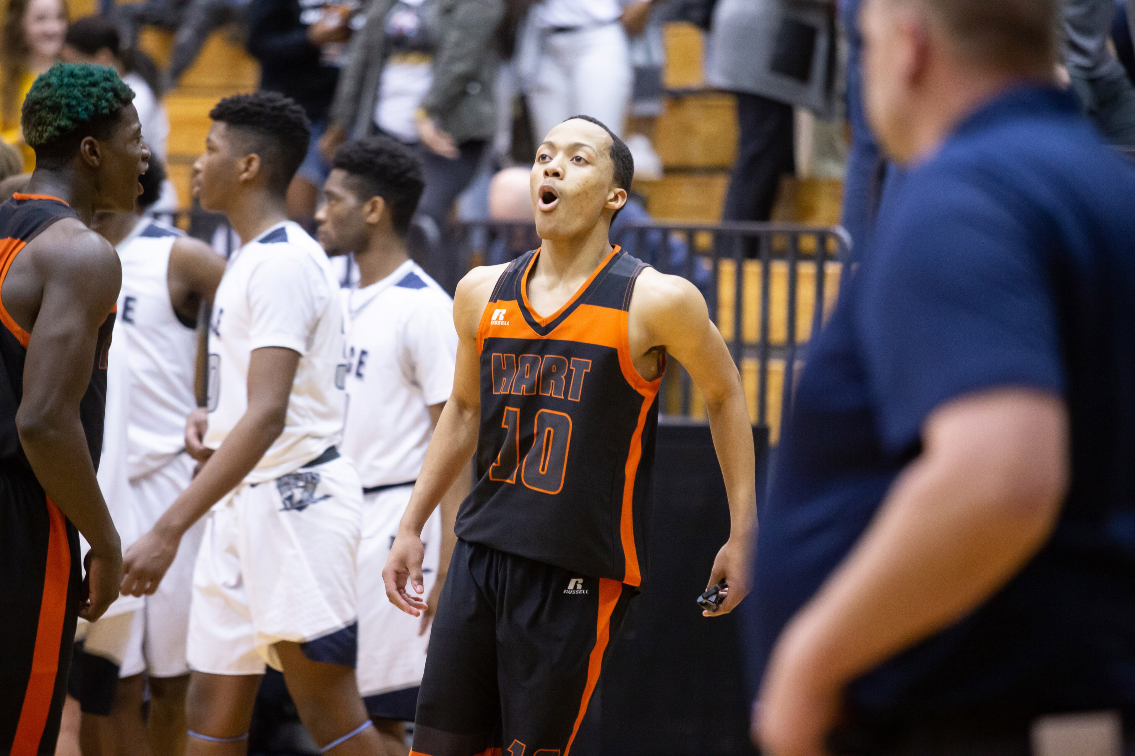 Hart County High School basketball player Jordan Langson celebrates after Hart County High School beat Pace Academy High School during the first round of the state basketball tournament at Pace Academy high school Saturday, February 16, 2019. STEVE SCHAEFER / SPECIAL TO THE AJC