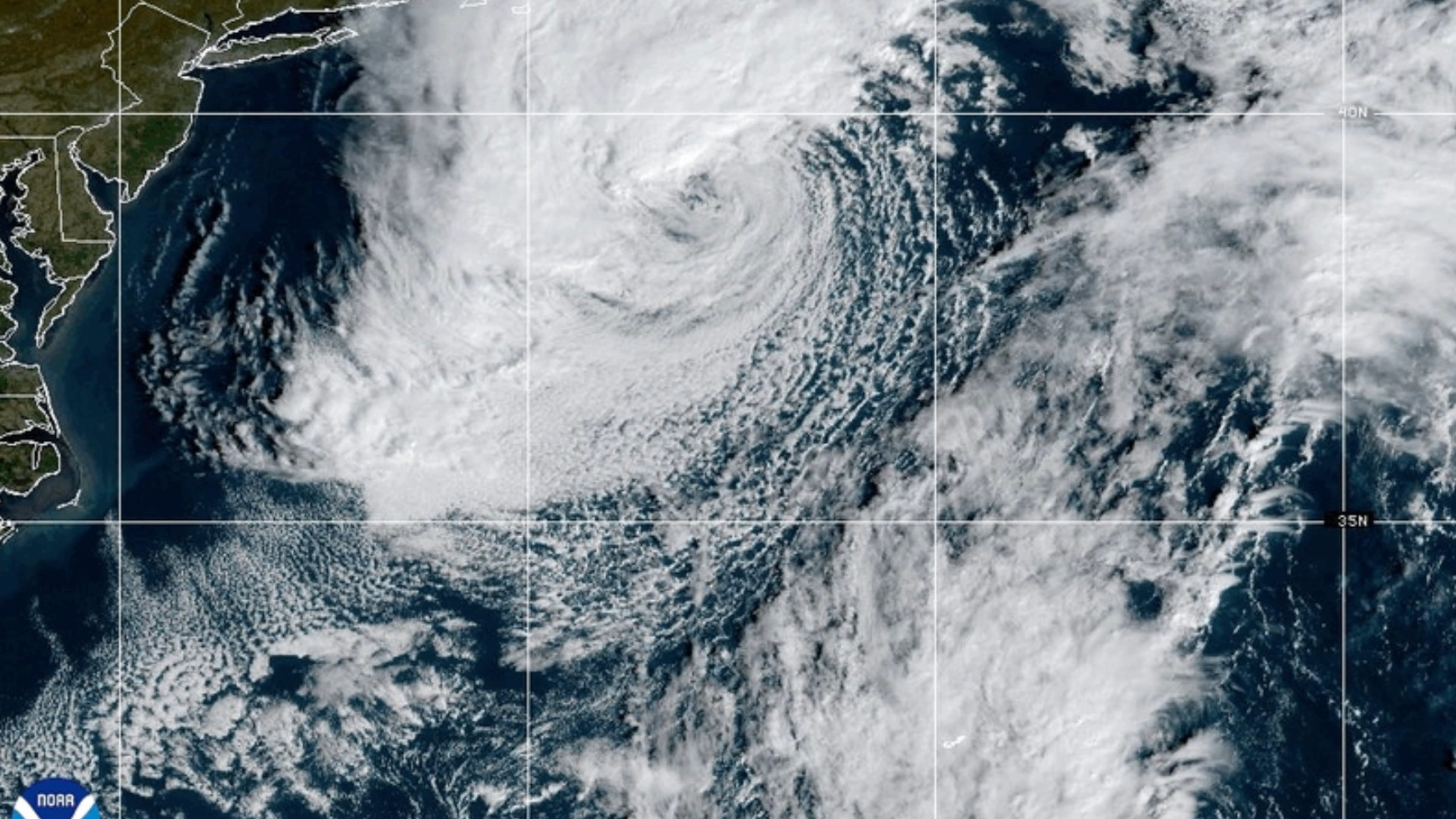 This satellite image from the National Oceanic and Atmospheric Administration shows Subtropical Storm Josephine pushing away from the U.S. Northeast coast Thursday, Oct. 22, 2026. (National Oceanic and Atmospheric Administration via AP)