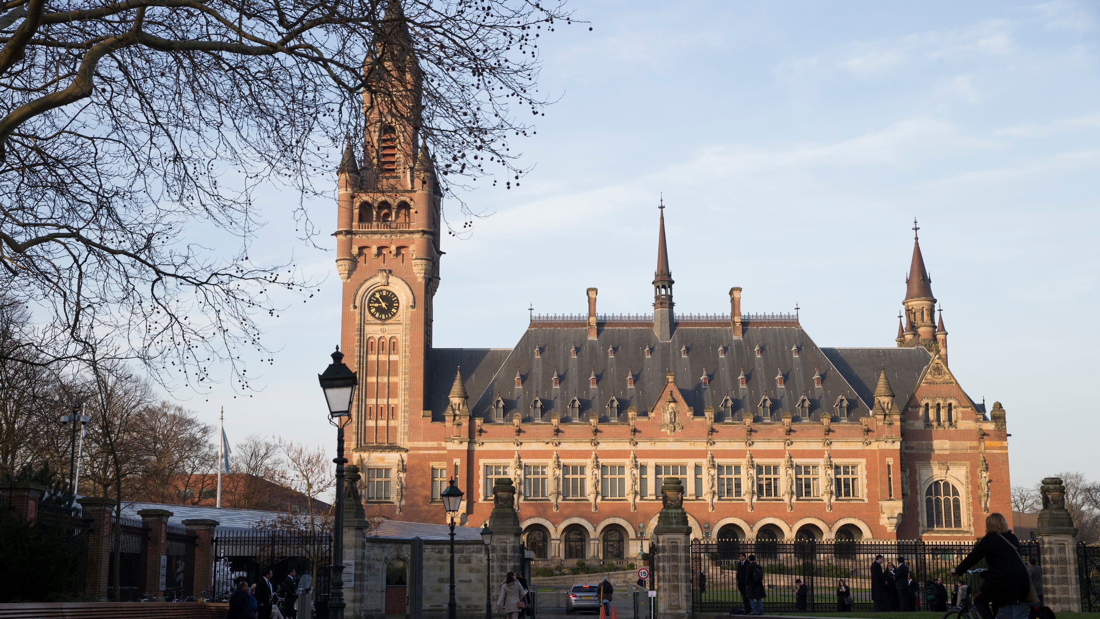 FILE - Exterior view of the Peace Palace, which houses the International Court of Justice, or World Court, in The Hague, Netherlands, Monday, Feb. 18, 2019. (AP Photo/Peter Dejong, File)
