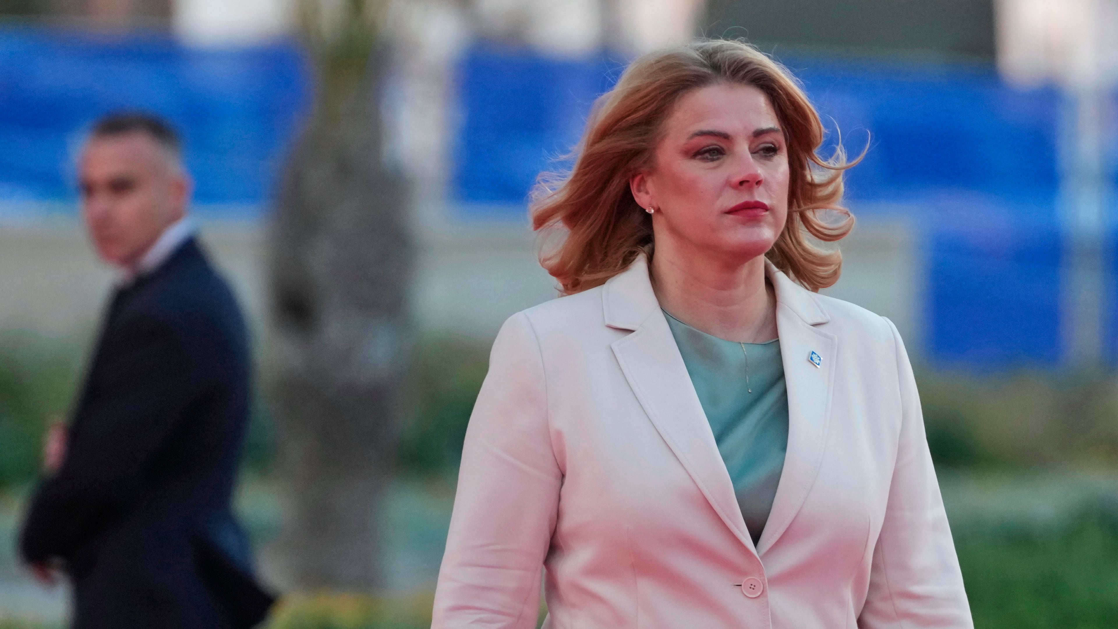 FILE - Latvia's Prime Minister Evika Silina arrives for the EU Summit in Ayia Napa, Cyprus, on April 23, 2026. (AP Photo/Petros Karadjias, File)
