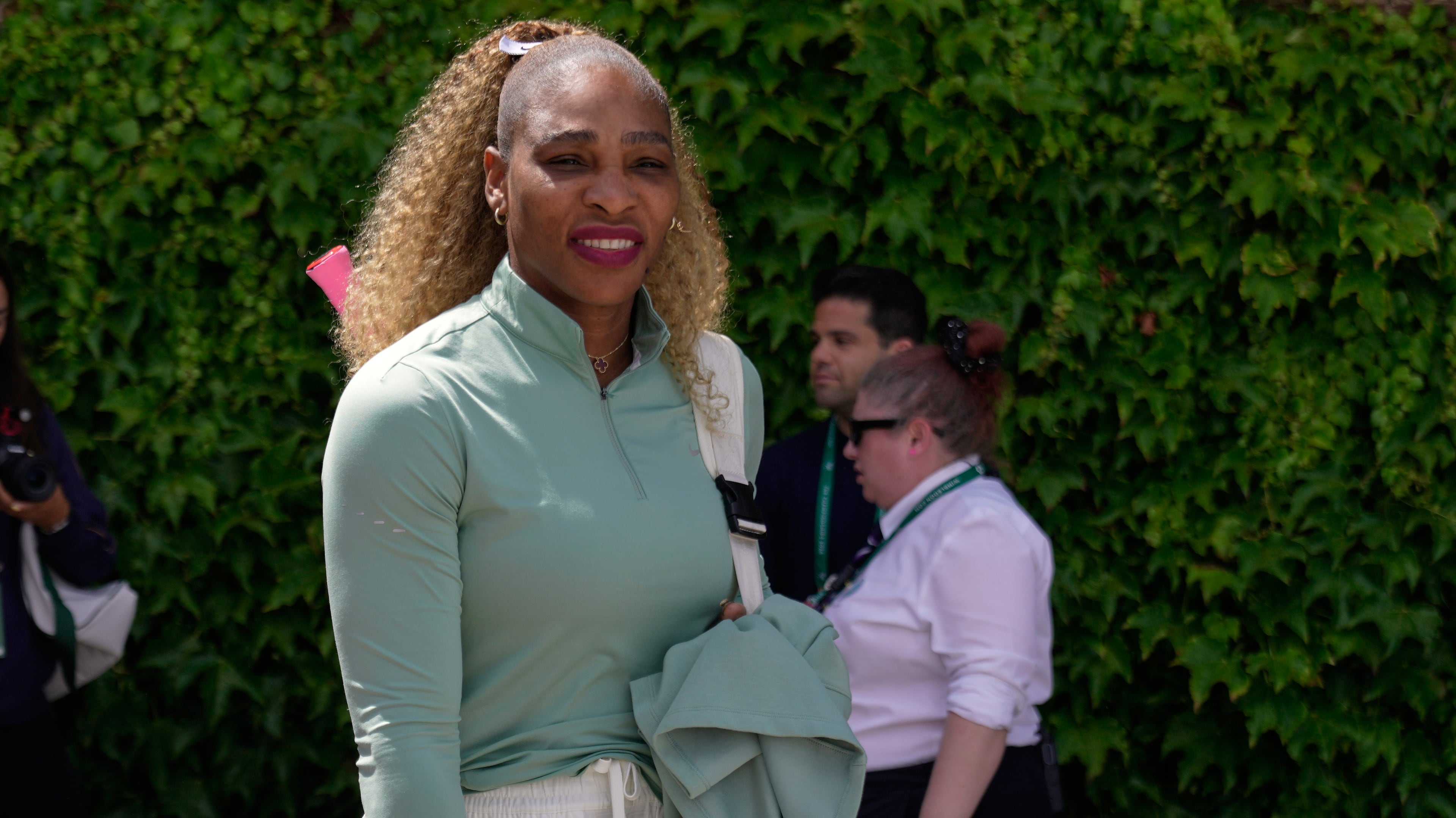 Serena Williams of the United States arrives for a practice session ahead of her women's singles match against Maya Joint of Australia at the Wimbledon Tennis Championships in London, Tuesday, June 30, 2026.(AP Photo/Brian Inganga)