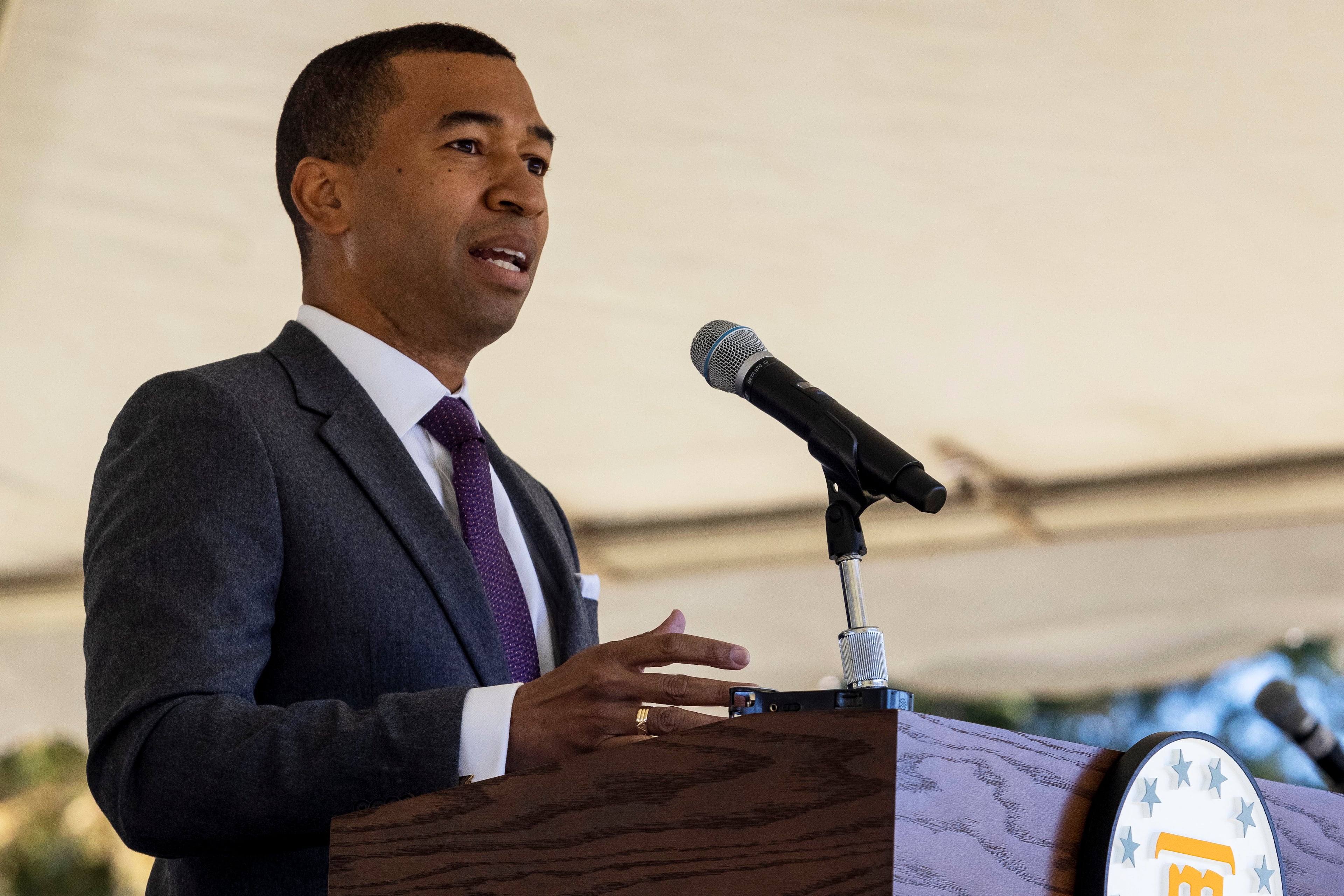 Montgomery Mayor Steven Reed speaks at the Fred D. Gray Avenue dedication ceremony, Tuesday, Oct. 26, 2021, in Montgomery, Ala. In October 2021, Alabama's capital city of Montgomery removed the Confederate president's name from an avenue and renamed it after a famed lawyer of the civil rights movement. Now, the state attorney general says the city must pay a fine or face a lawsuit for violating a state law protecting Confederate monuments and other longstanding memorials. (Vasha Hunt/AP)