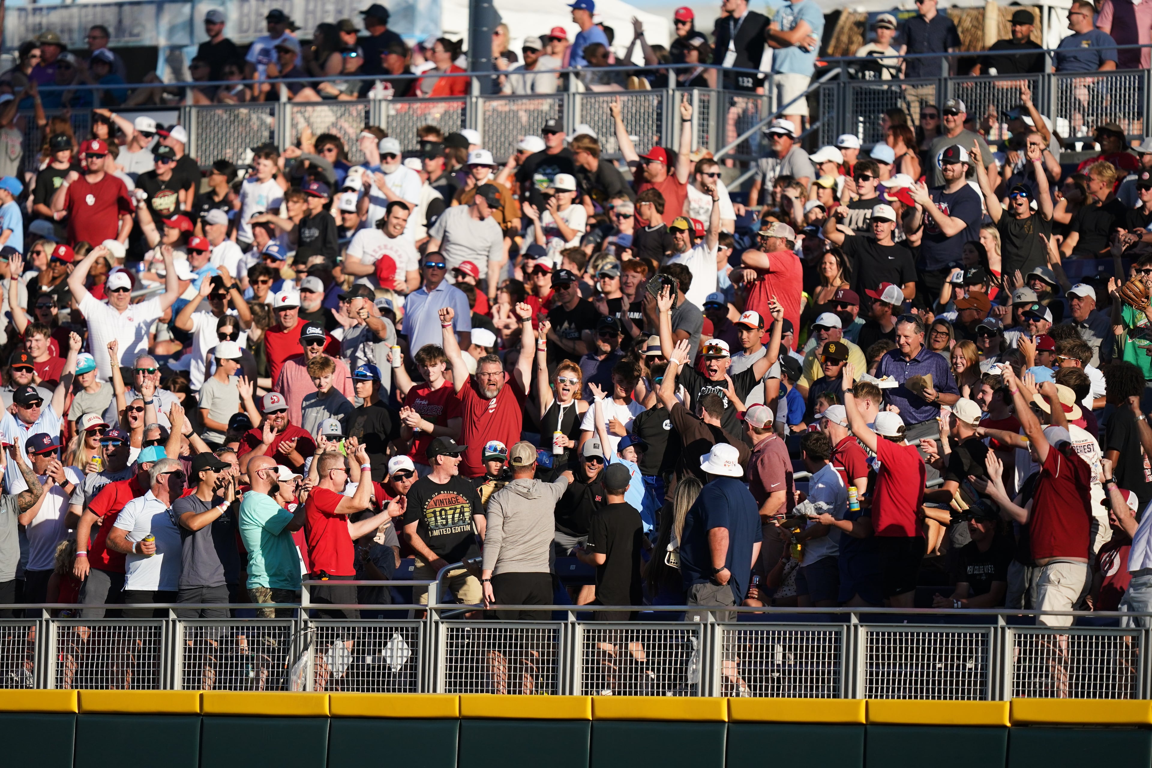 Fans cheer during a College World Series game between Georgia and Oklahoma on Monday, June 15, 2026, in Omaha, Neb. Oklahoma won 4-3. (Vera Nieuwenhuis/AP)