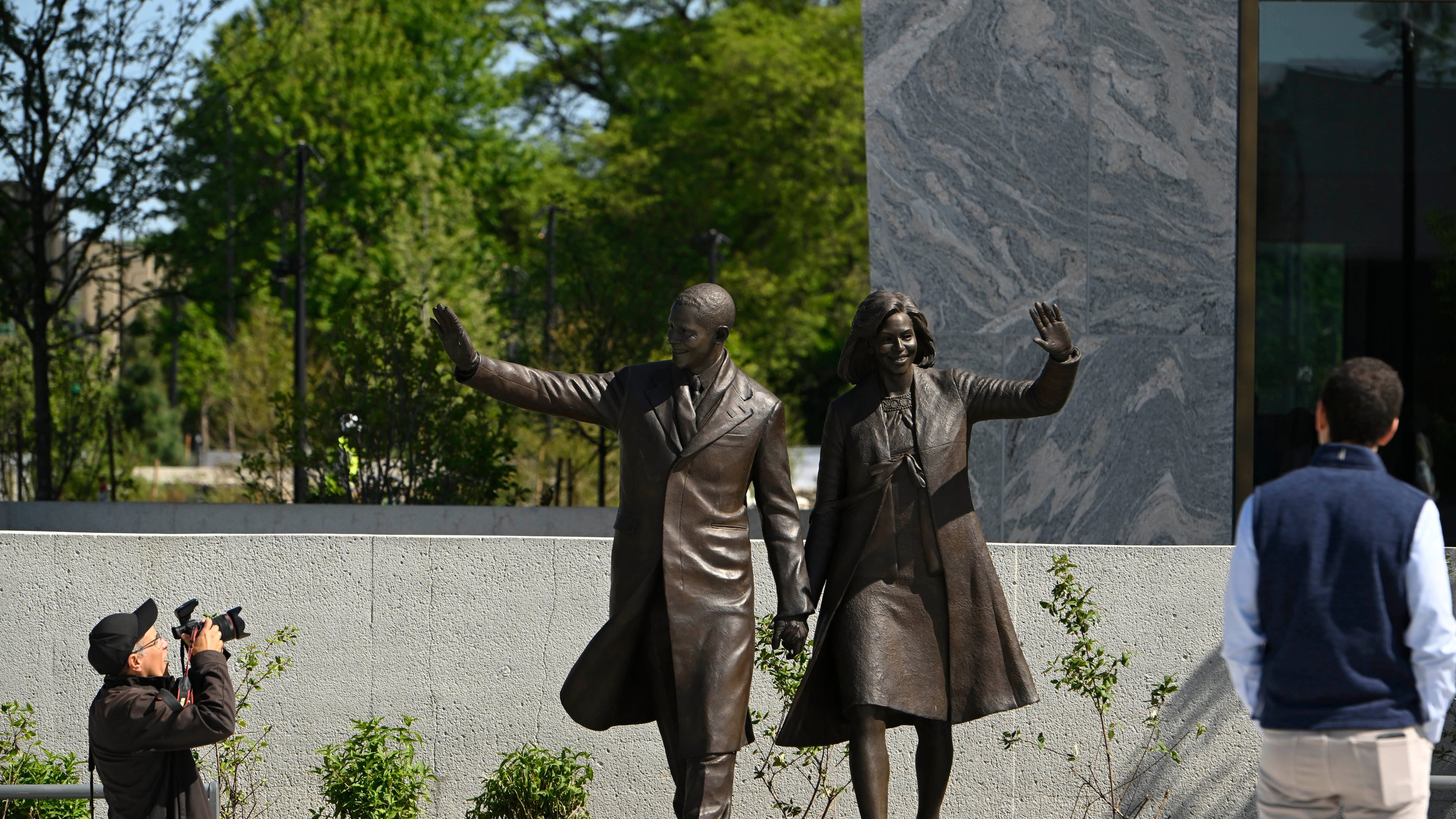 Statues of former President Barack Obama and former First Lady Michelle Obama at the Obama Presidential Center in Chicago, Thursday, May 28, 2026. (AP Photo/Paul Beaty)