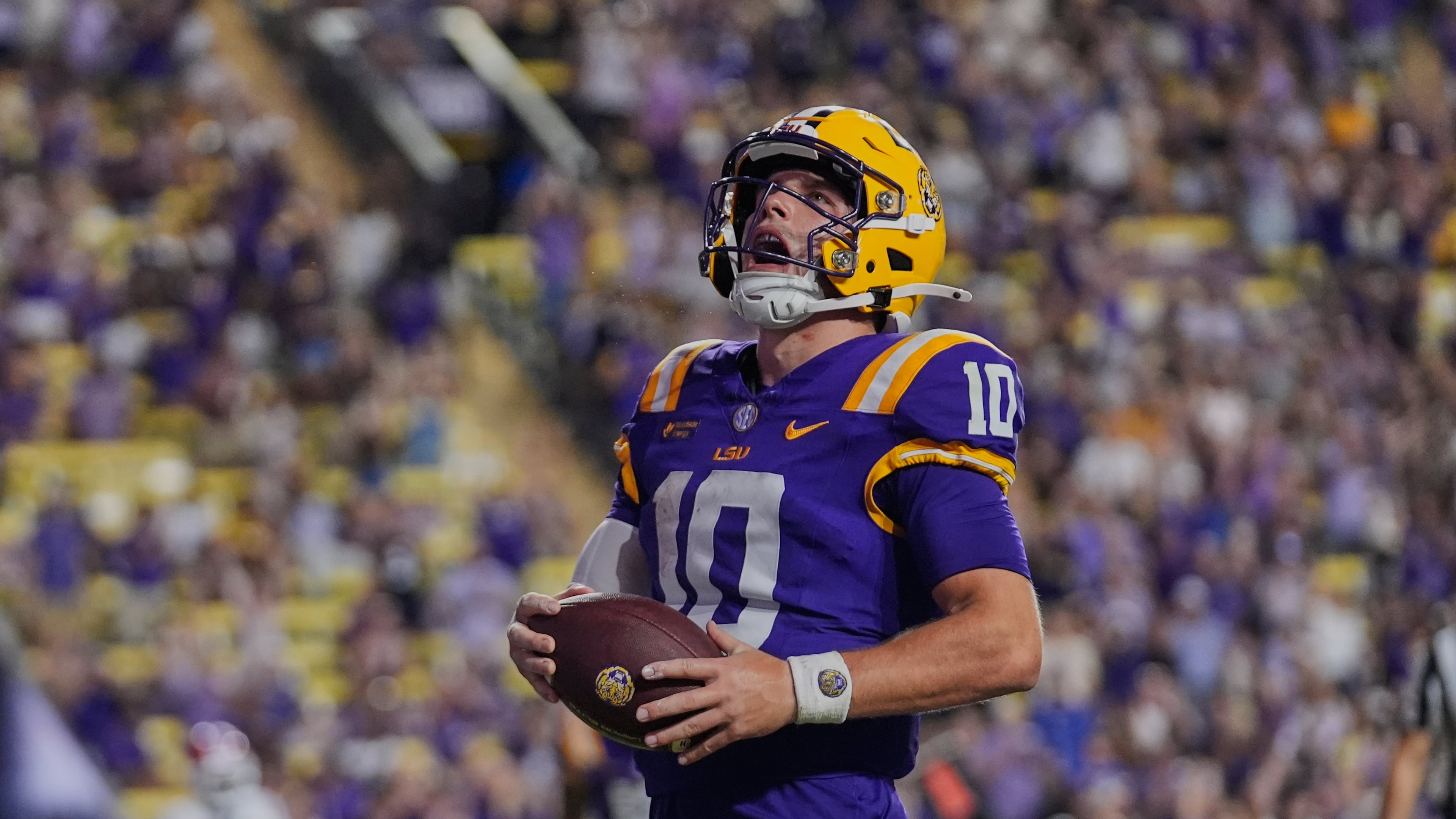 LSU quarterback Sam Leavitt (10) reacts after scoring a touchdown in the second half of an NCAA college football game against Louisiana Tech, Saturday, Sept. 12, 2026 in Baton Rouge, La. (AP Photo/Gerald Herbert)