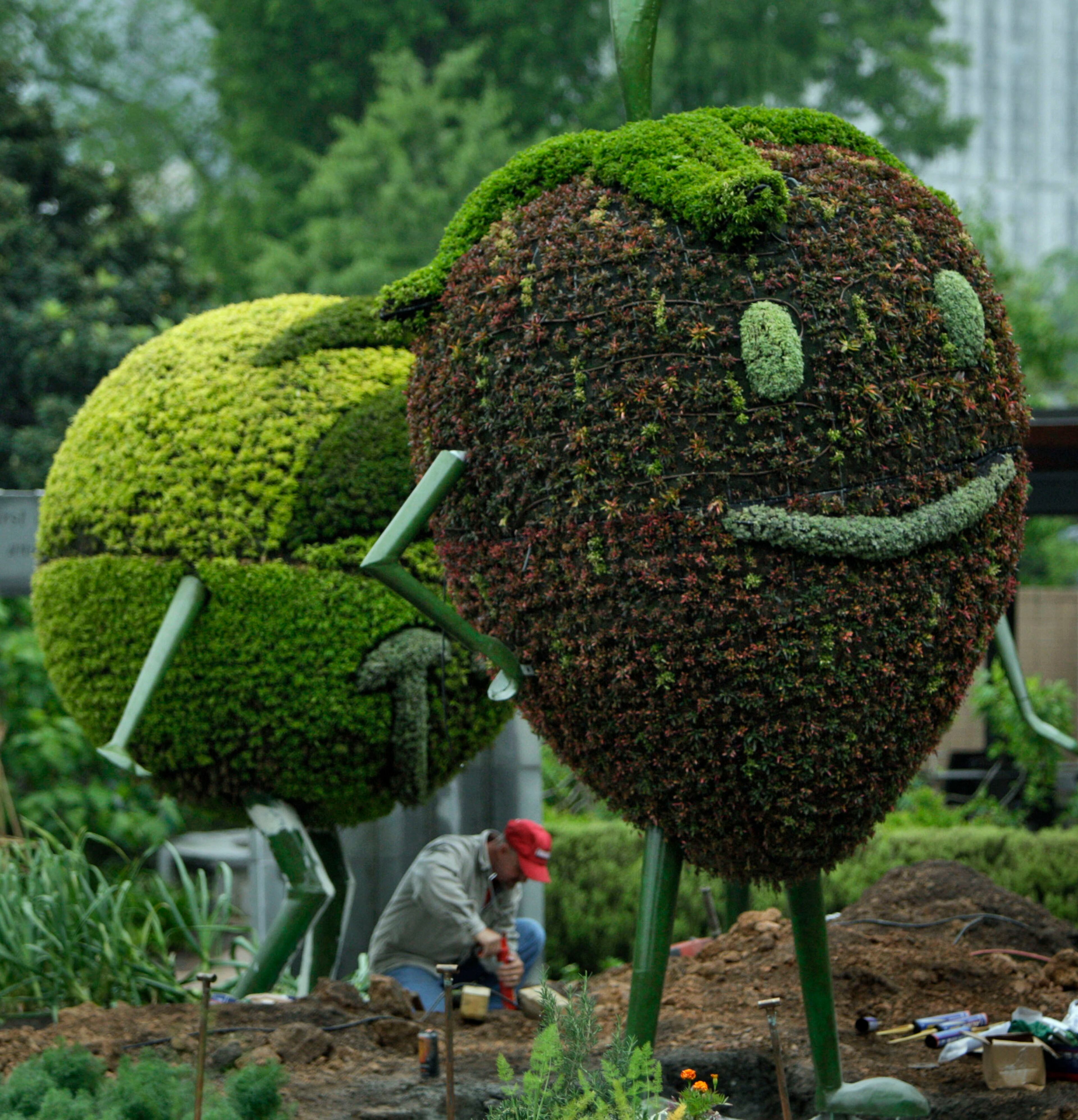 Workers finish up the installation of the Giant Berries in the Edible Garden (to the right of Fuqua Conservatory).