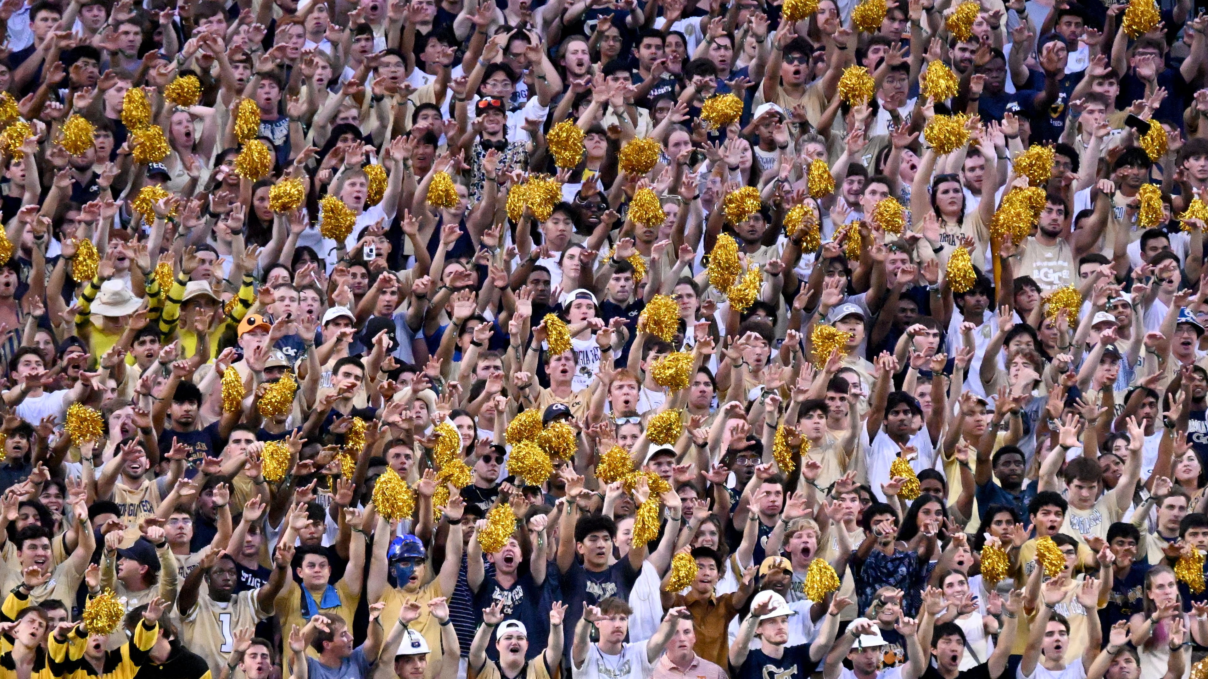Georgia Tech fans cheer during the first half Saturday, Sept. 12, 2026, at Bobby Dodd Stadium in Atlanta. The Yellow Jackets will play at home Saturday, hosting Duke at 3:30 p.m. (Hyosub Shin/AJC)