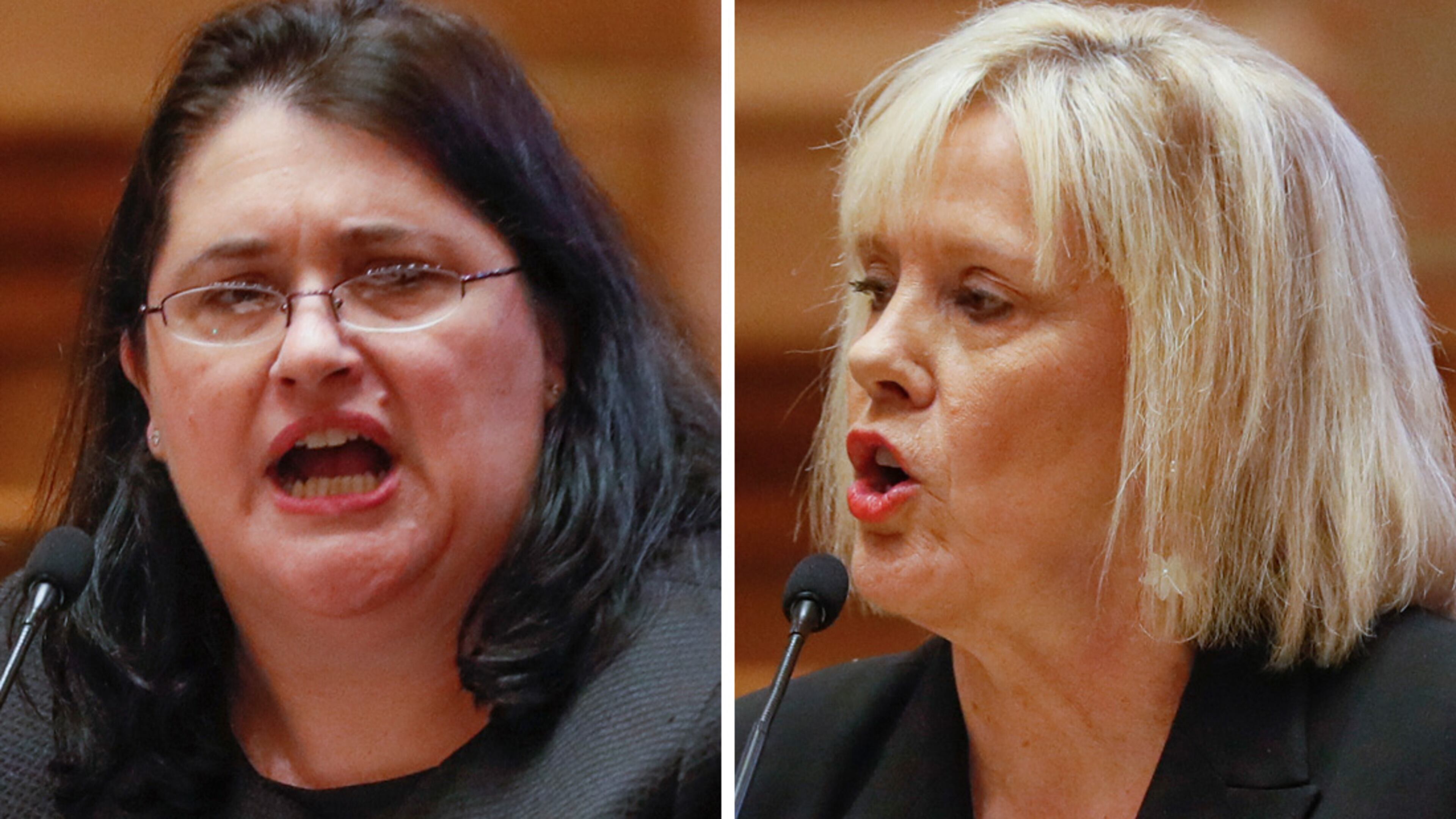 State Sens. Zahra Karinshak, D-Duluth, and Renee Unterman, R-Buford, debated a resolution that express support for Iranian protesters while condemning congressional Democrats. Karinshak and Unterman are both running for the empty 7th Congressional District seat. Bob Andres/bandres@ajc.com