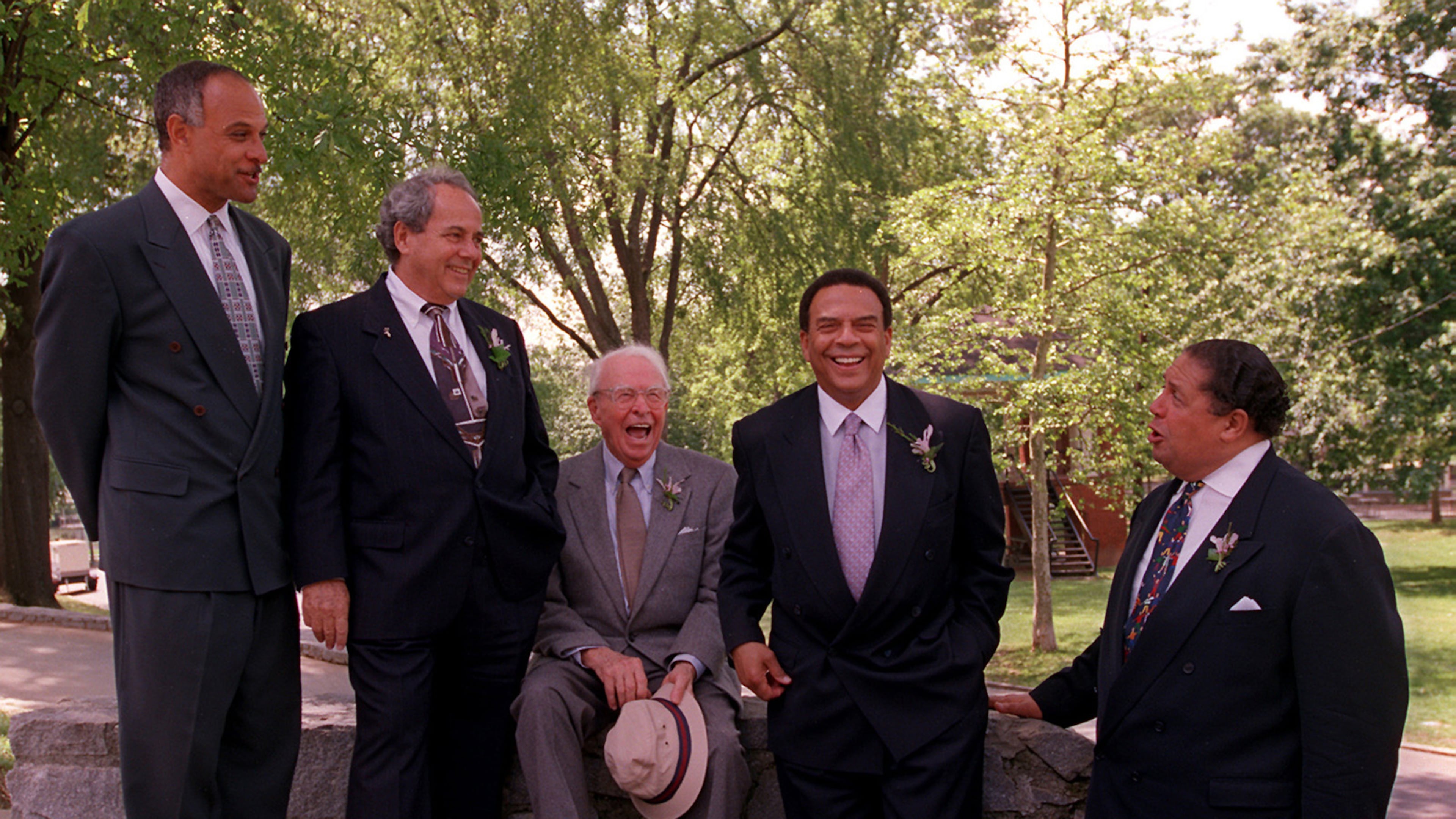 After the Olympics, former Mayor Andrew Young (second from right) turned more of his attention to economic development through GoodWorks and the Southern African Enterprise Development Fund. He also found time to burnish his legacy and to serve as a living link to Atlanta's Civil Rights past. In 1997, he joined four other living Atlanta mayors (Bill Campbell, Sam Massell, Ivan Allen Jr. and Maynard Jackson) in the dedication of the "Mayors Grove" at Piedmont Park. (Rich Addicks/AJC file photo)