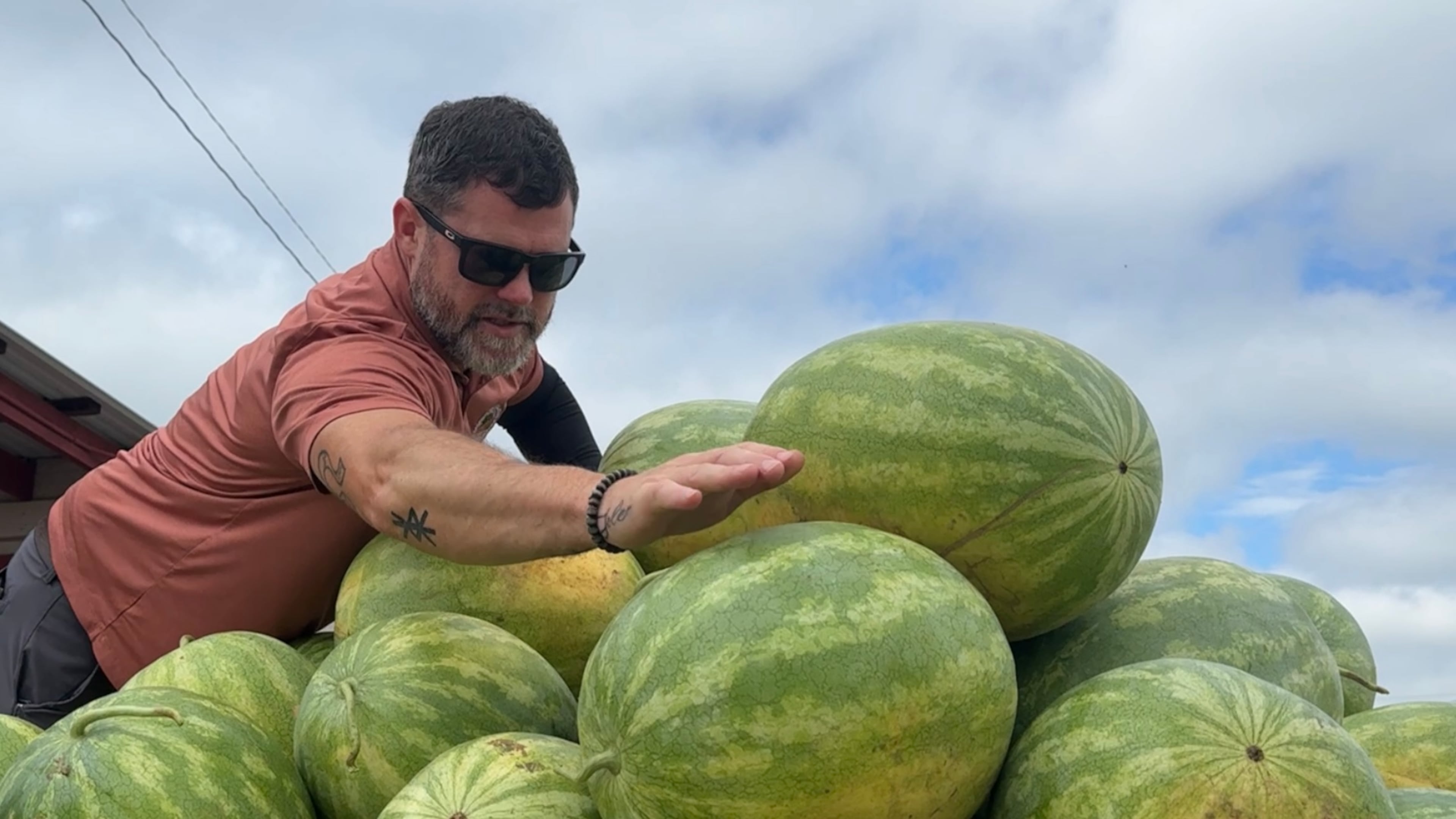 Watermelon inspector Brian Nichols pats melons at the Cordele State Farmers Market to gauge their ripeness. (Joe Kovac Jr./AJC)