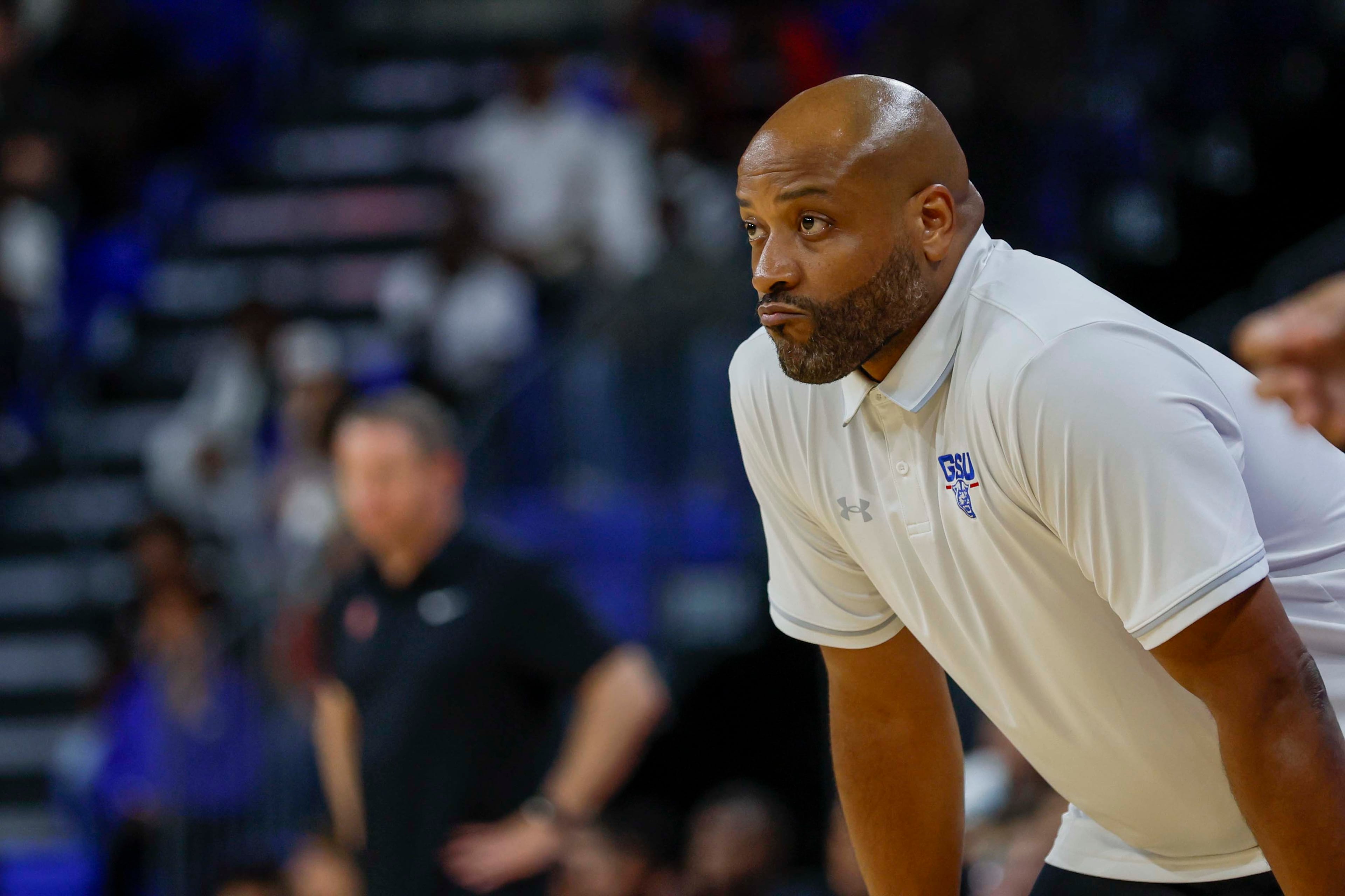 Georgia State Panthers head coach Jonas Hayes watches the court action during the first half of an exhibition opener game against the Georgia Bulldogs at the Georgia State Convocation Center, Wednesday, October 15, 2025, in Atlanta. (Miguel Martinez/ AJC)