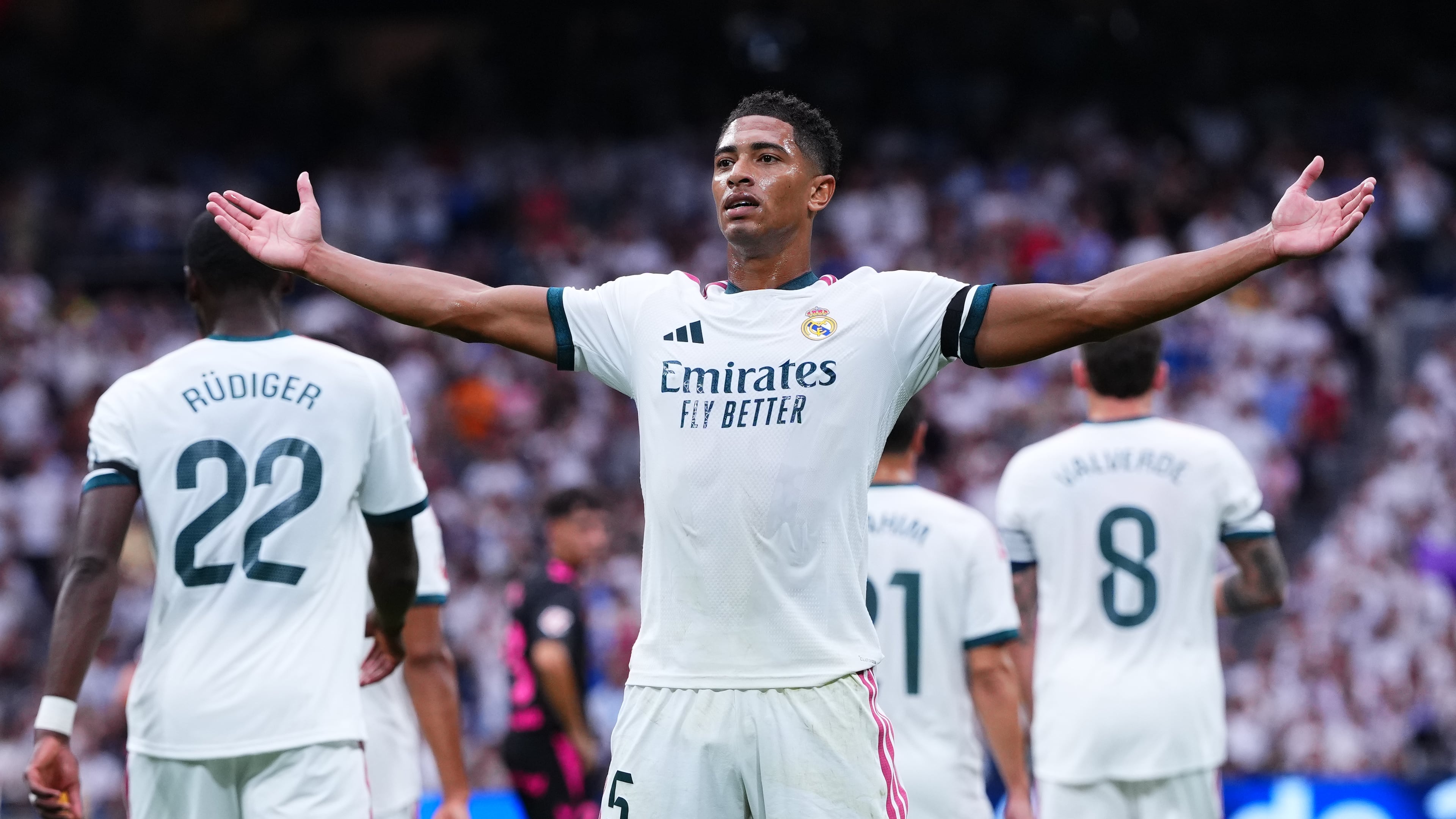 Real Madrid's Jude Bellingham celebrates after Malaga's own goal during the La Liga soccer match between Real Madrid and Malaga in Madrid, Spain, Sunday, Aug. 30, 2026. (AP Photo/Manu Fernandez)