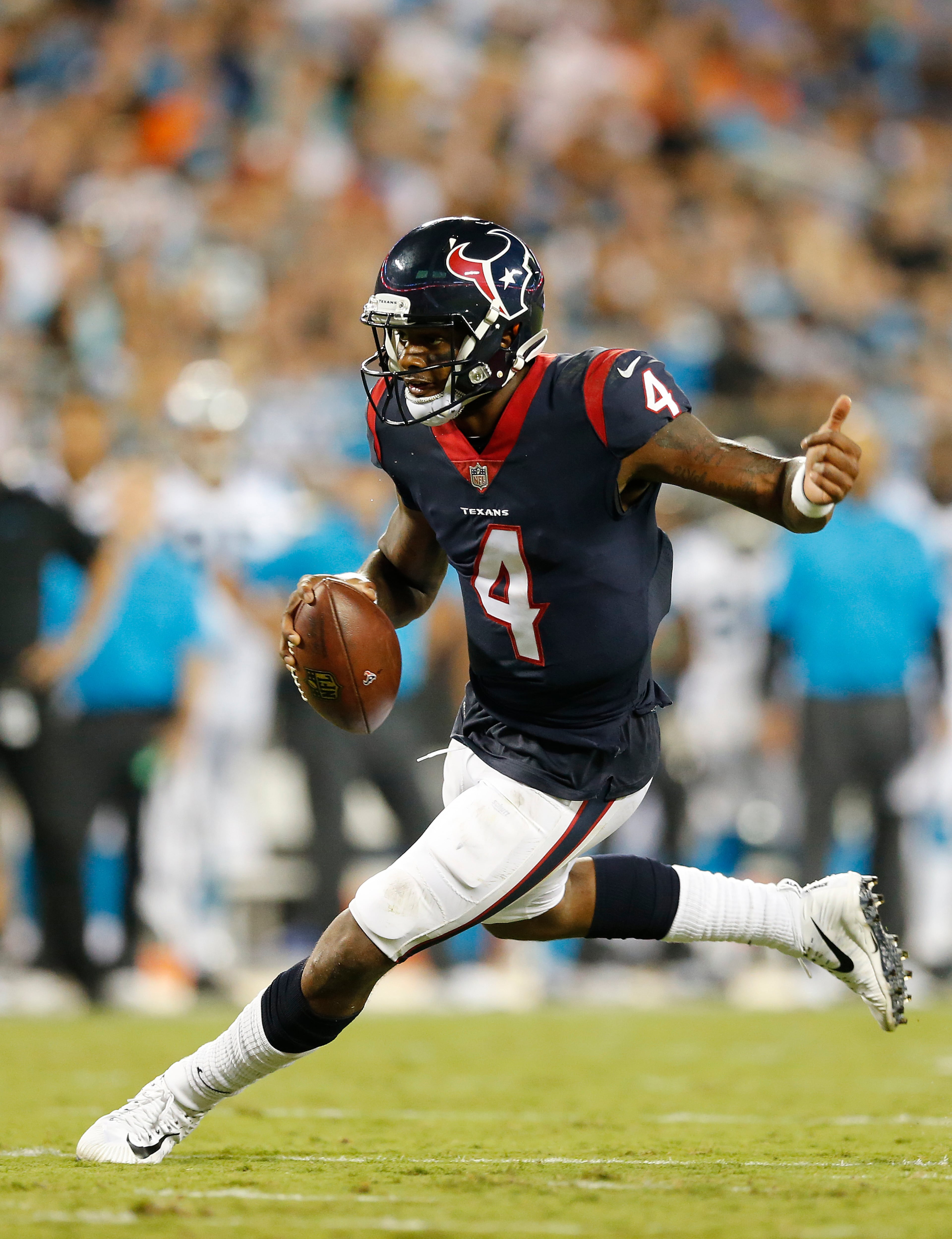 Houston Texans quarterback Deshaun Watson (4) works against the Carolina Panthers during the second half of an NFL preseason football game, Wednesday, Aug. 9, 2017, in Charlotte, N.C. (AP Photo/Jason E. Miczek)