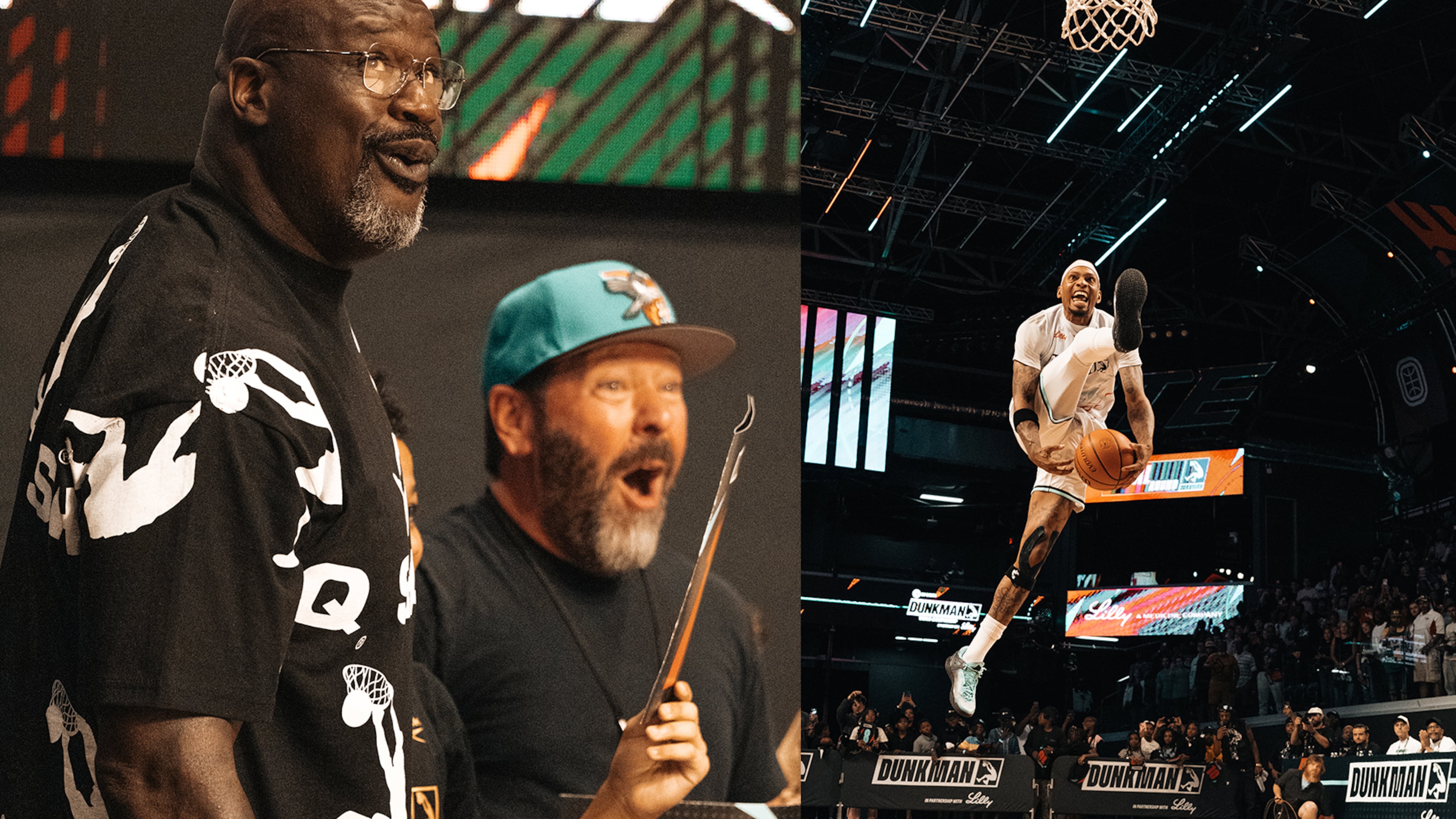 TNT's "Dunkman" competition during its second episode that aired live July 28, 2026 featured creator Shaquille O'Neal (left) reacting to a dunk with guest Bert Kreischer. On the right is Marietta native Jordan Southerland, who made it past the opening round to make it the final eight airing Aug. 25, (Courtesy of Authentic Brands)