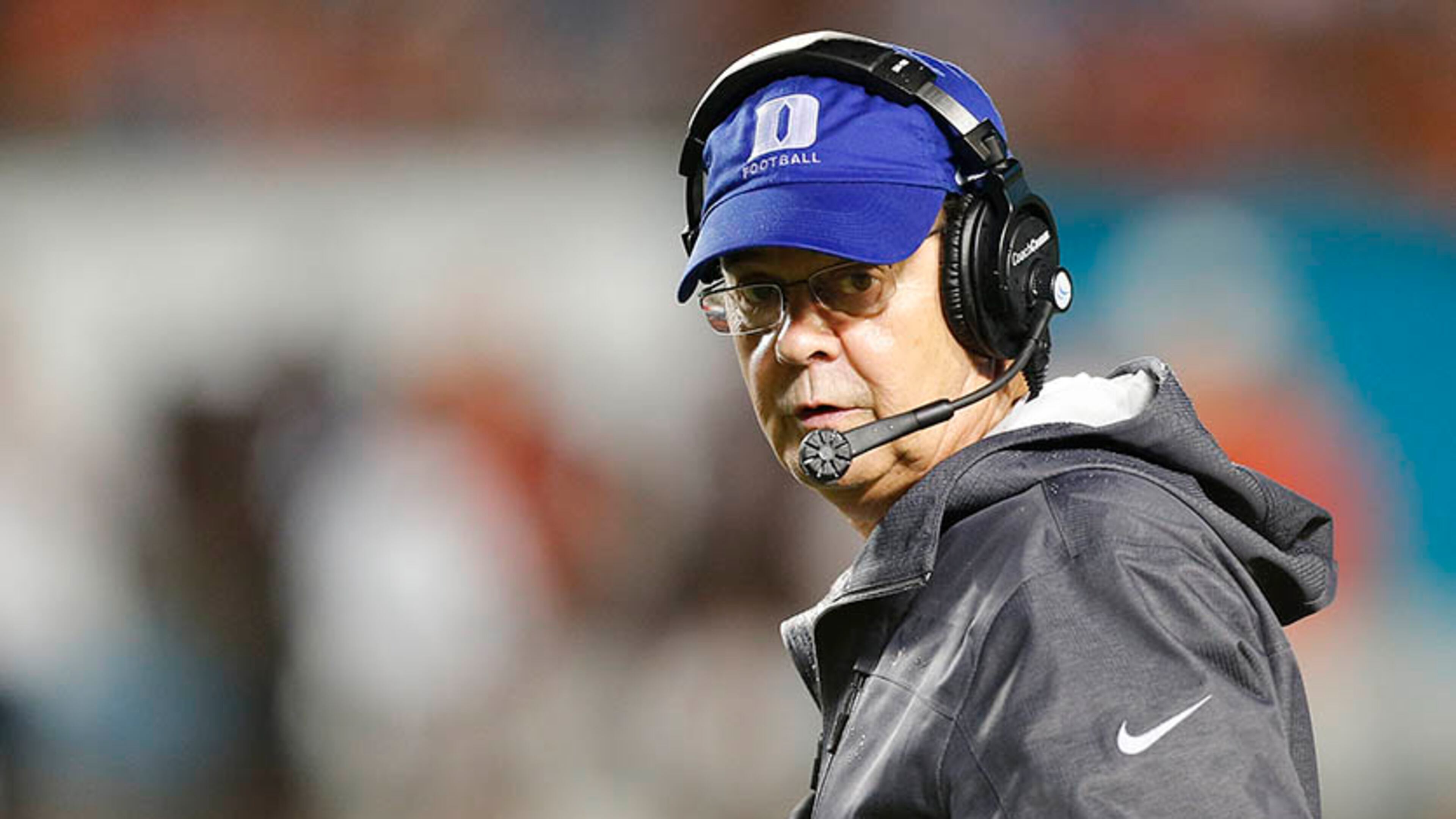 MIAMI GARDENS, FL - SEPTEMBER 27: Head coach David Cutcliffe of the Duke Blue Devils looks on during third quarter action against of the Miami Hurricanes on September 27, 2014 at Sun Life Stadium in Miami Gardens, Florida. Miami defeated Duke 22-10. (Photo by Joel Auerbach/Getty Images) Duke head coach David Cutcliffe. ( Joel Auerbach/Getty Images)