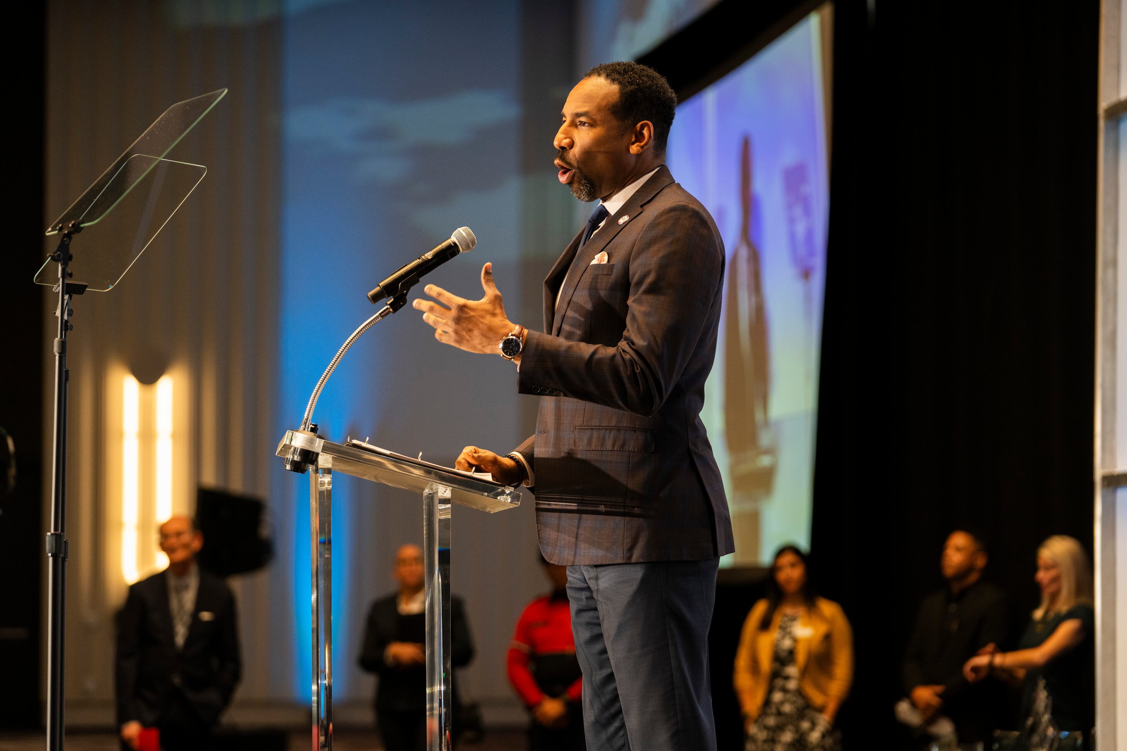 Mayor Andre Dickens addresses the audience during Central Atlanta Progress' Annual Meeting & Awards Celebration in Atlanta, Georgia, on Wednesday, Jan. 31, 2024. Dickens shares insights and perspectives on the city's progress and future initiatives as part of the commemorative event recognizing achievements and honoring contributors to Downtown's dynamic growth. (Olivia Bowdoin for the AJC).