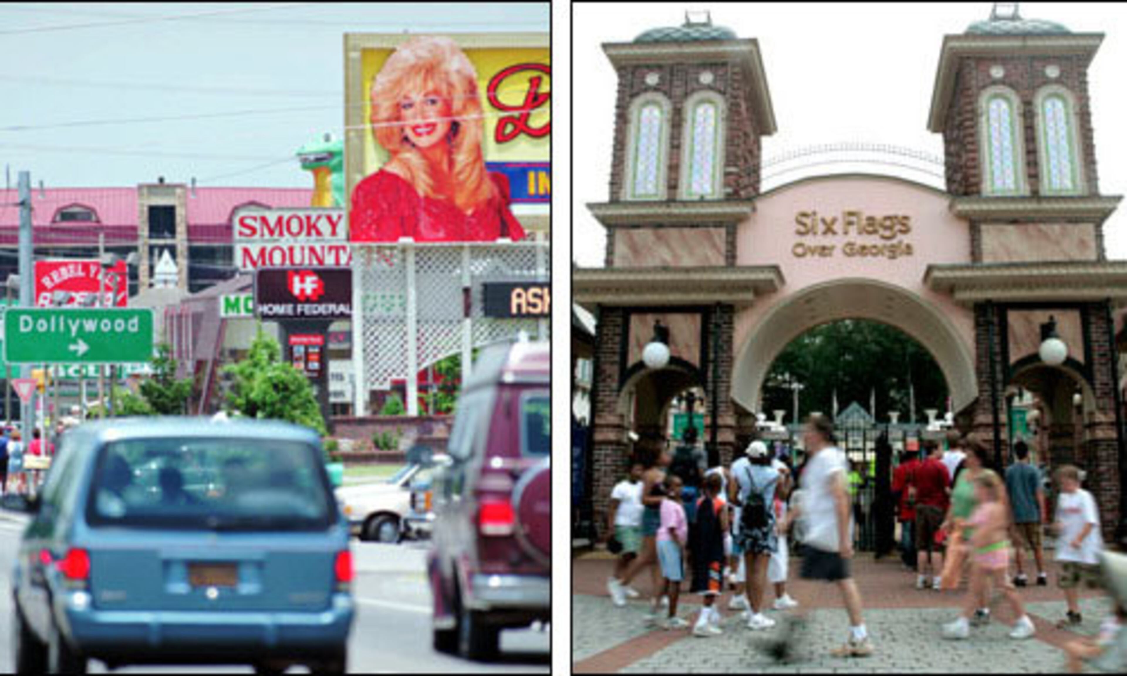 Theme parks: Dollywood vs. Six Flags. Dolly Parton's amusement-and-crafts park has created a major tourist destination in Pigeon Forge, Tenn. Six Flags over Georgia has become a haven for coaster-crazies. The Austell park, which started with the Dahlonega Mine Train in the 1960s, now features 10 coasters.
