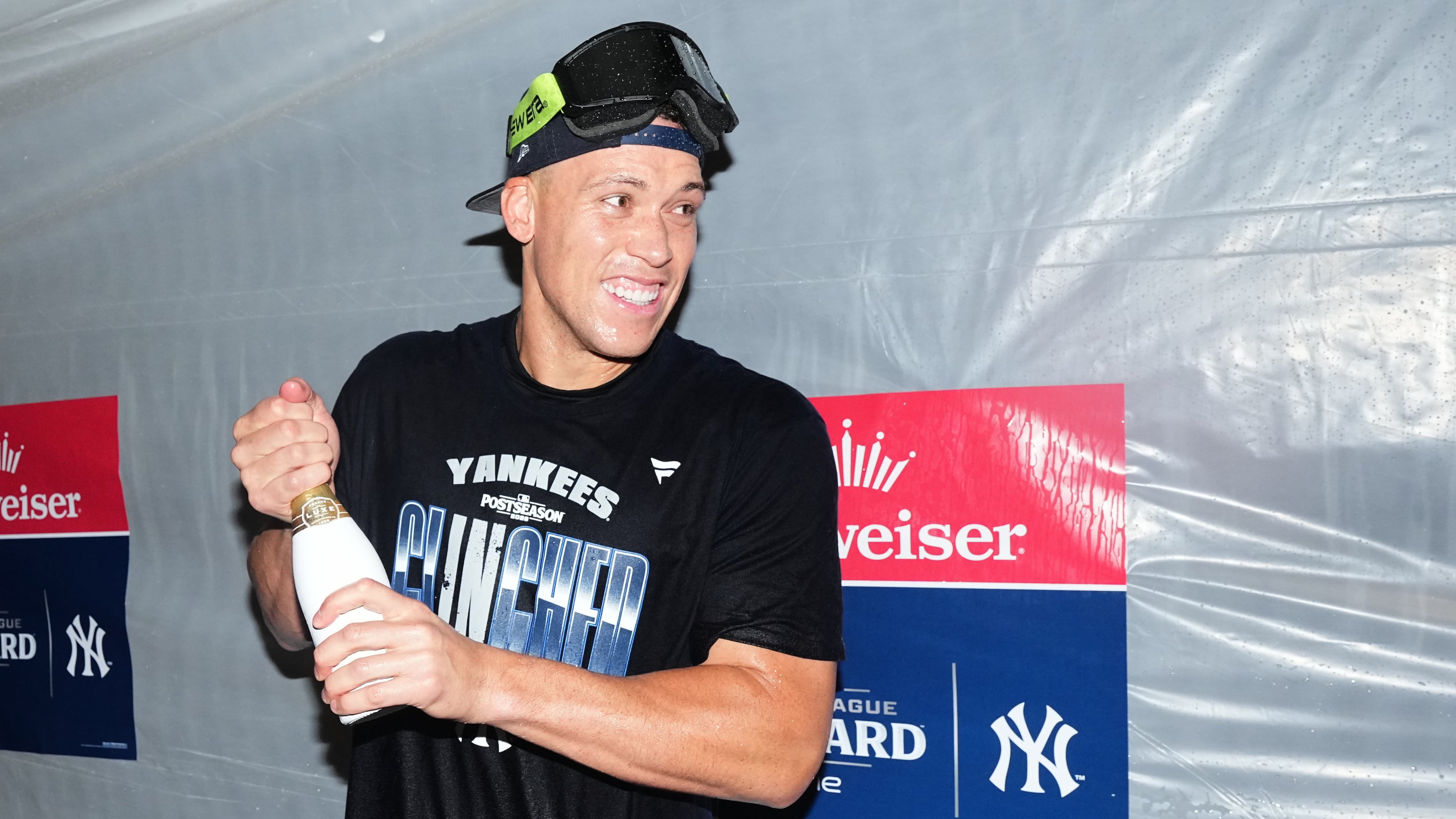 New York Yankees' Aaron Judge celebrates after winning baseball's American League Wild Card Series against the Boston Red Sox in Game 2, Wednesday, Sept. 30, 2026, in New York. (AP Photo/Frank Franklin II)