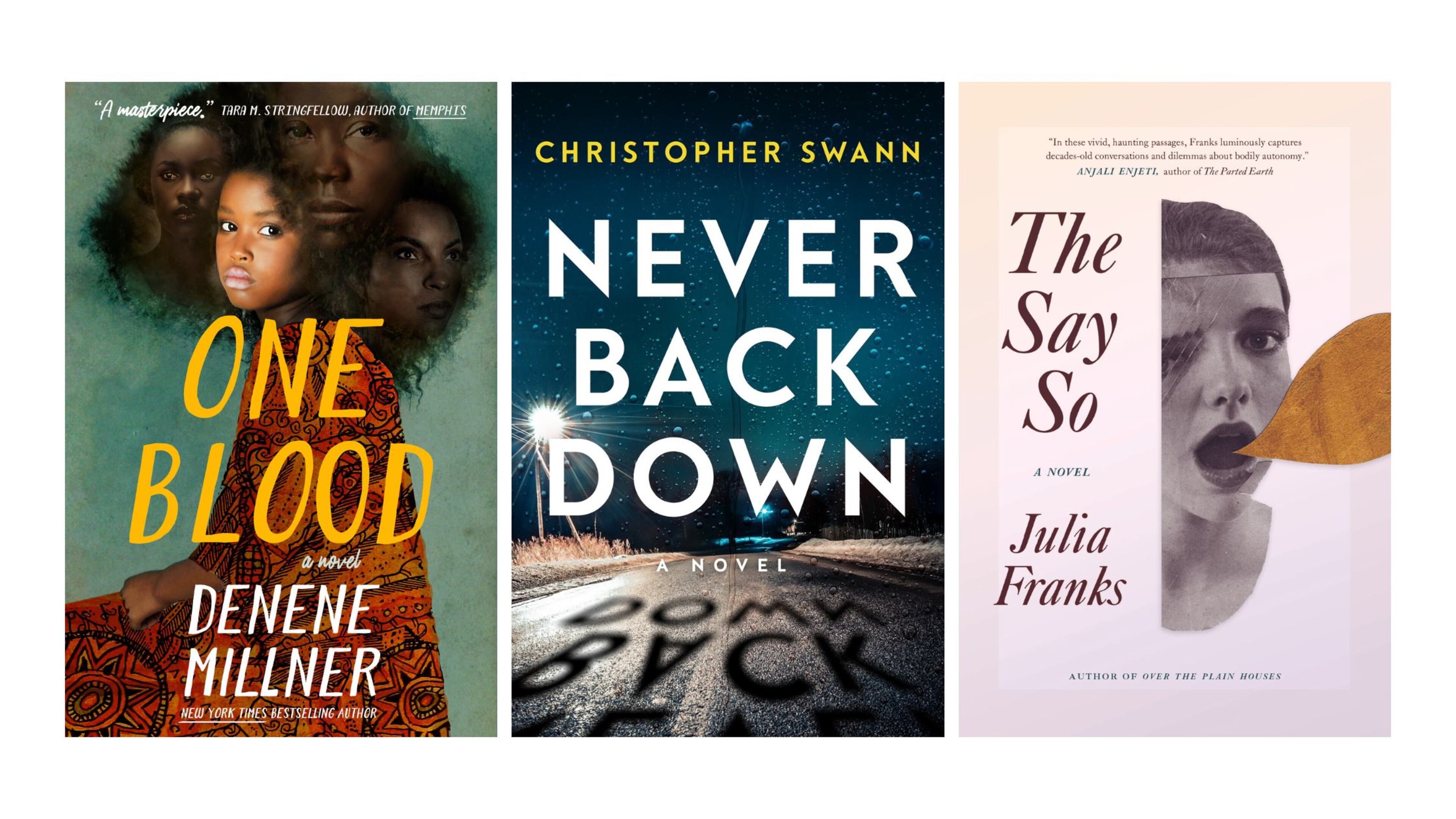 "One Blood" by Denene Millner, "Never Back Down" by Christopher Swann and "The Say Say" by Julia Franks are nominated for Georgia Author of the Year Awards.
