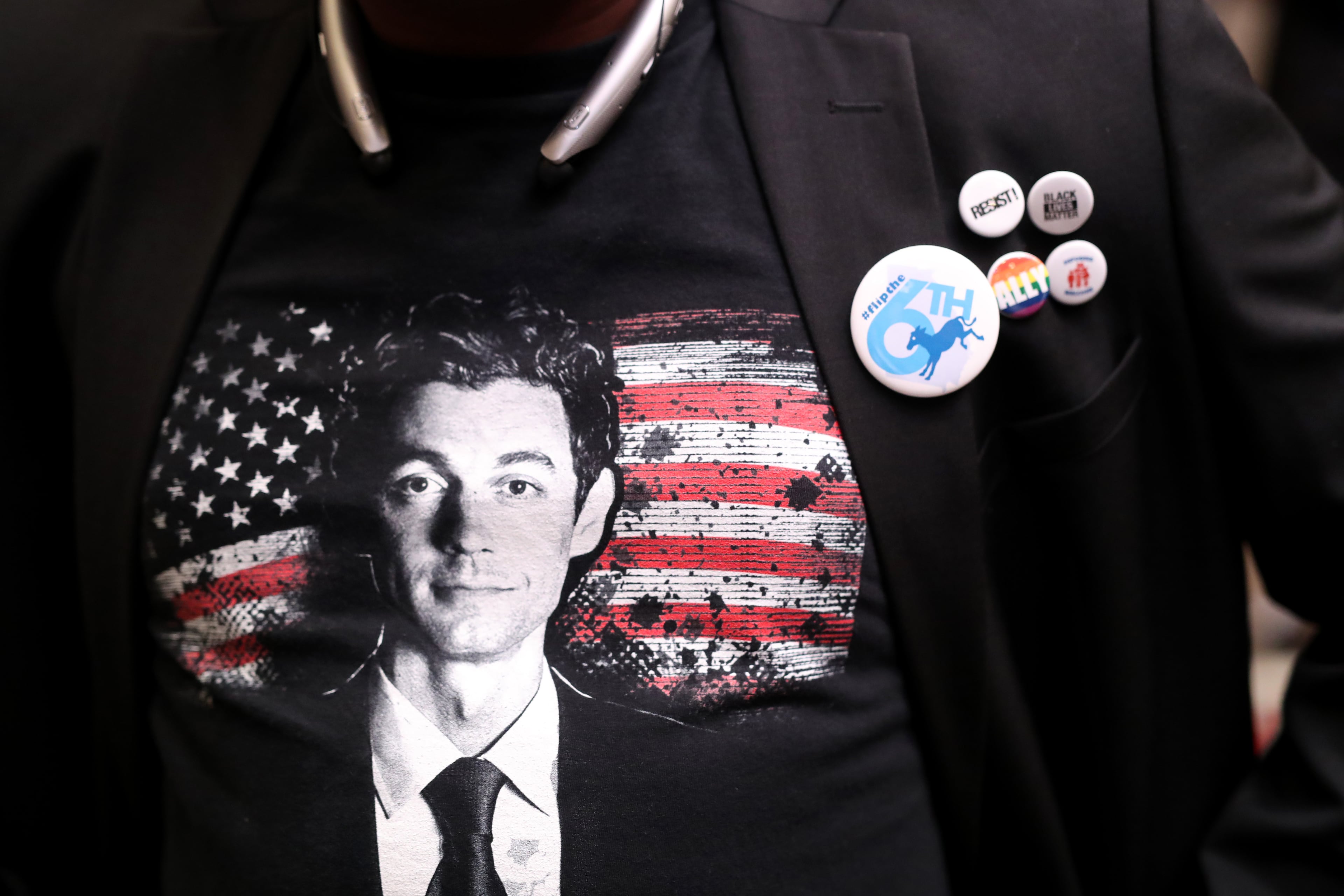 June 20, 2017 - Atlanta, Ga: Jon Ossoff supporter Kyle Lathon wears a shirt with the likeness of Jon Ossoff at the Jon Ossoff election night party at the Westin Atlanta Perimeter Hotel Tuesday, June 20, 2017, in Atlanta. This is the election coverage of the sixth district congressional runoff between Jon Ossoff and Karen Handel. PHOTO / JASON GETZ