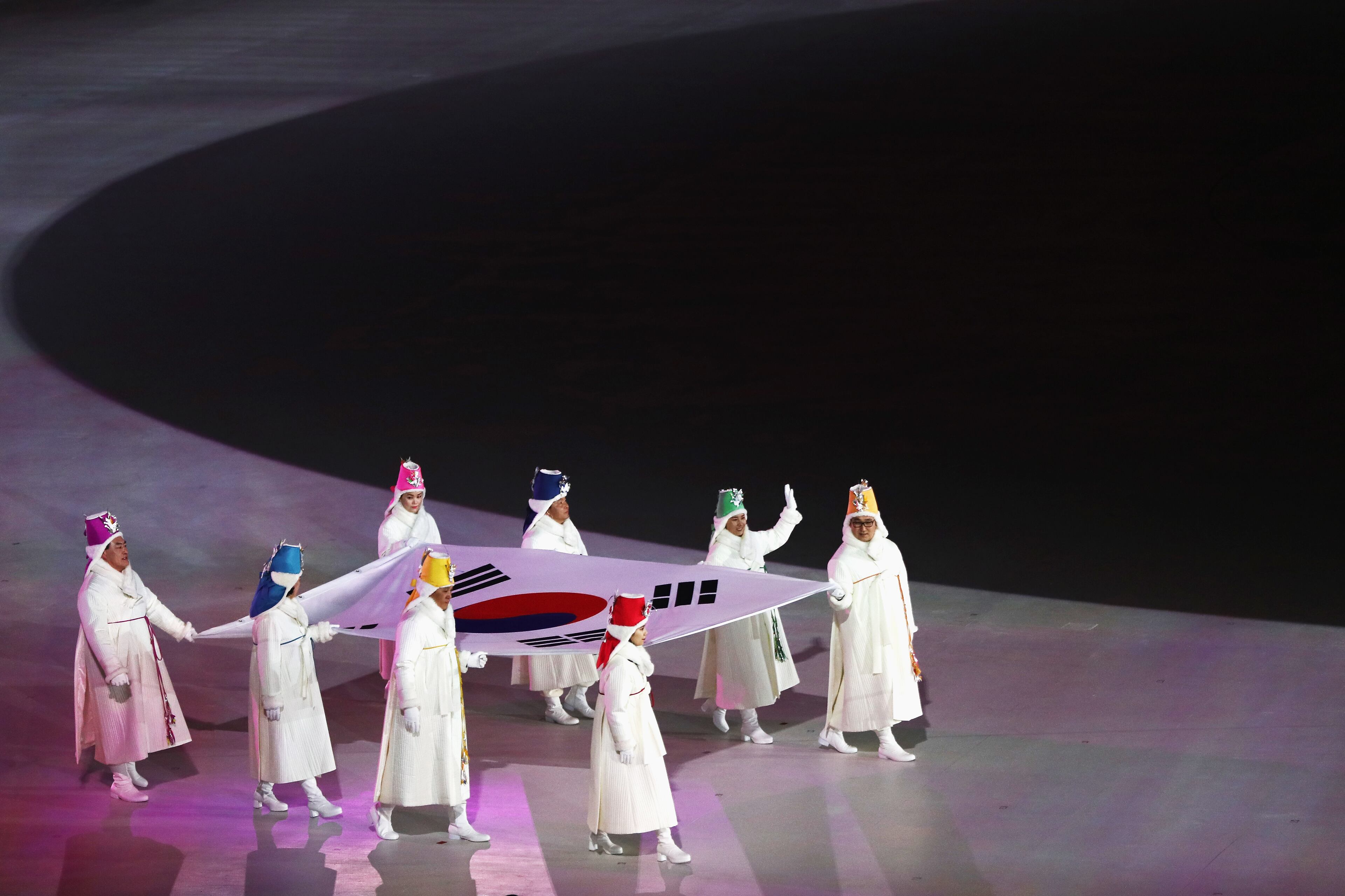 PYEONGCHANG-GUN, SOUTH KOREA - FEBRUARY 09: The South Korean flag is carried into the stadium during the Opening Ceremony of the PyeongChang 2018 Winter Olympic Games at PyeongChang Olympic Stadium on February 9, 2018 in Pyeongchang-gun, South Korea. (Photo by Jamie Squire/Getty Images)