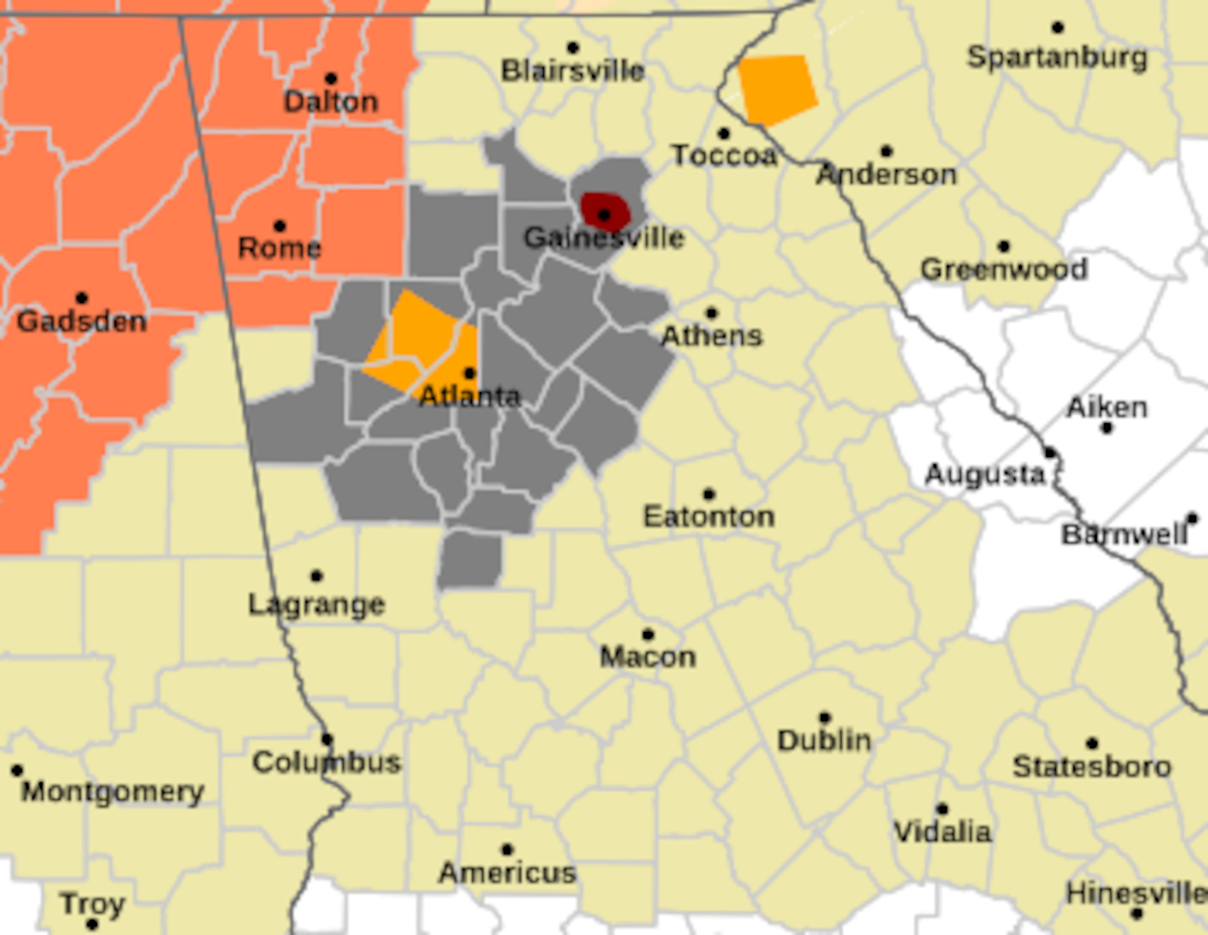The Code Orange air quality alert for Thursday, June 26, 2025, includes the area shown in gray and spans several counties across metro Atlanta. (Courtesy of the National Weather Service)