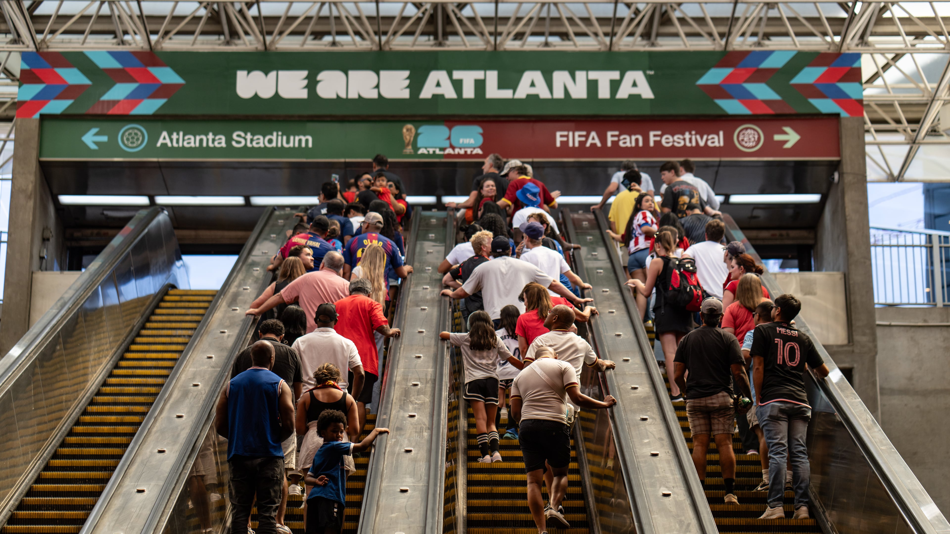 Inside the SEC District MARTA station as fans attend the first FIFA match held in Atlanta on Monday, June 15, 2026. (Ben Hendren for the AJC)