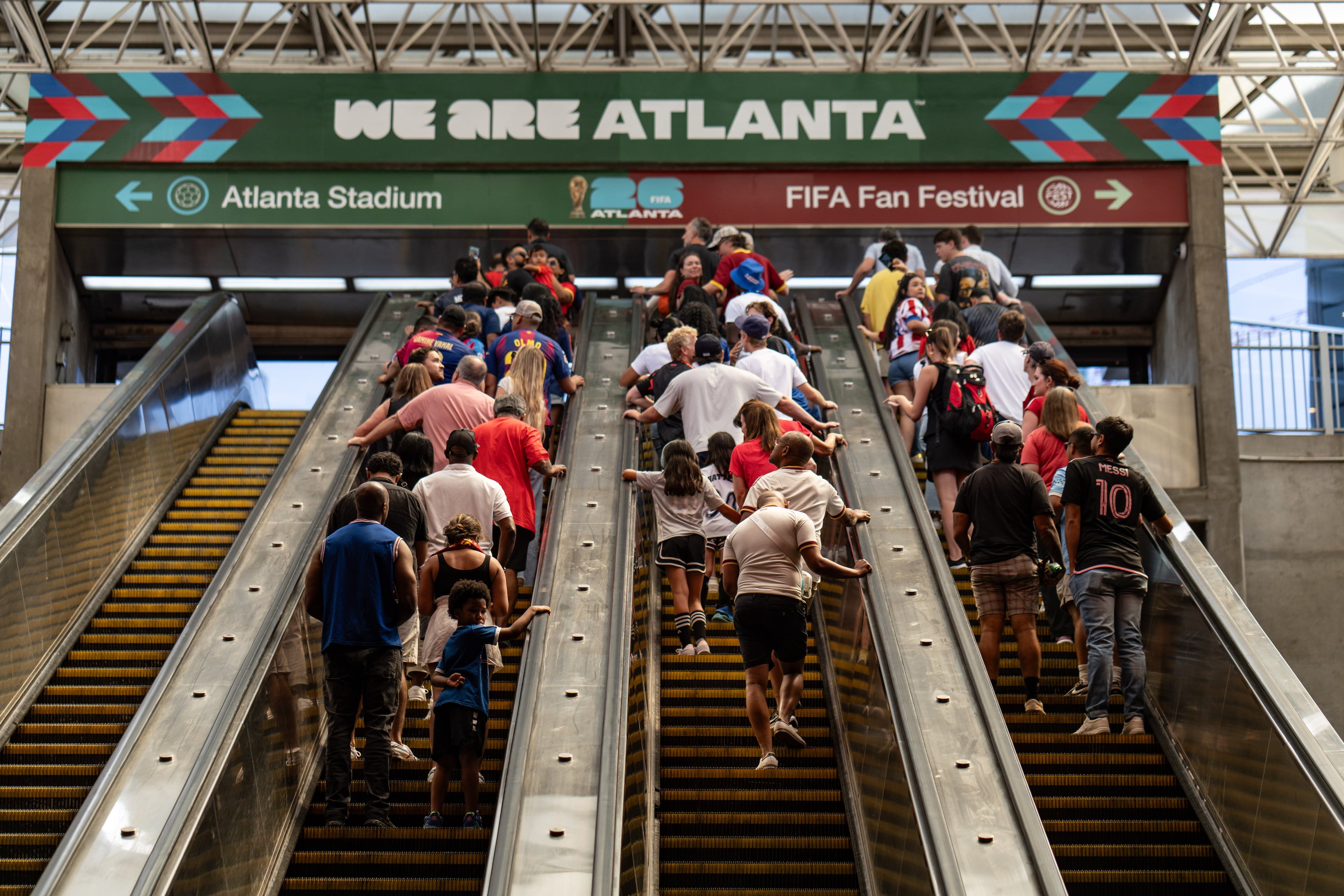 Inside the SEC District MARTA station as fans attend the first FIFA match held in Atlanta on Monday, June 15, 2026. (Ben Hendren for the AJC)