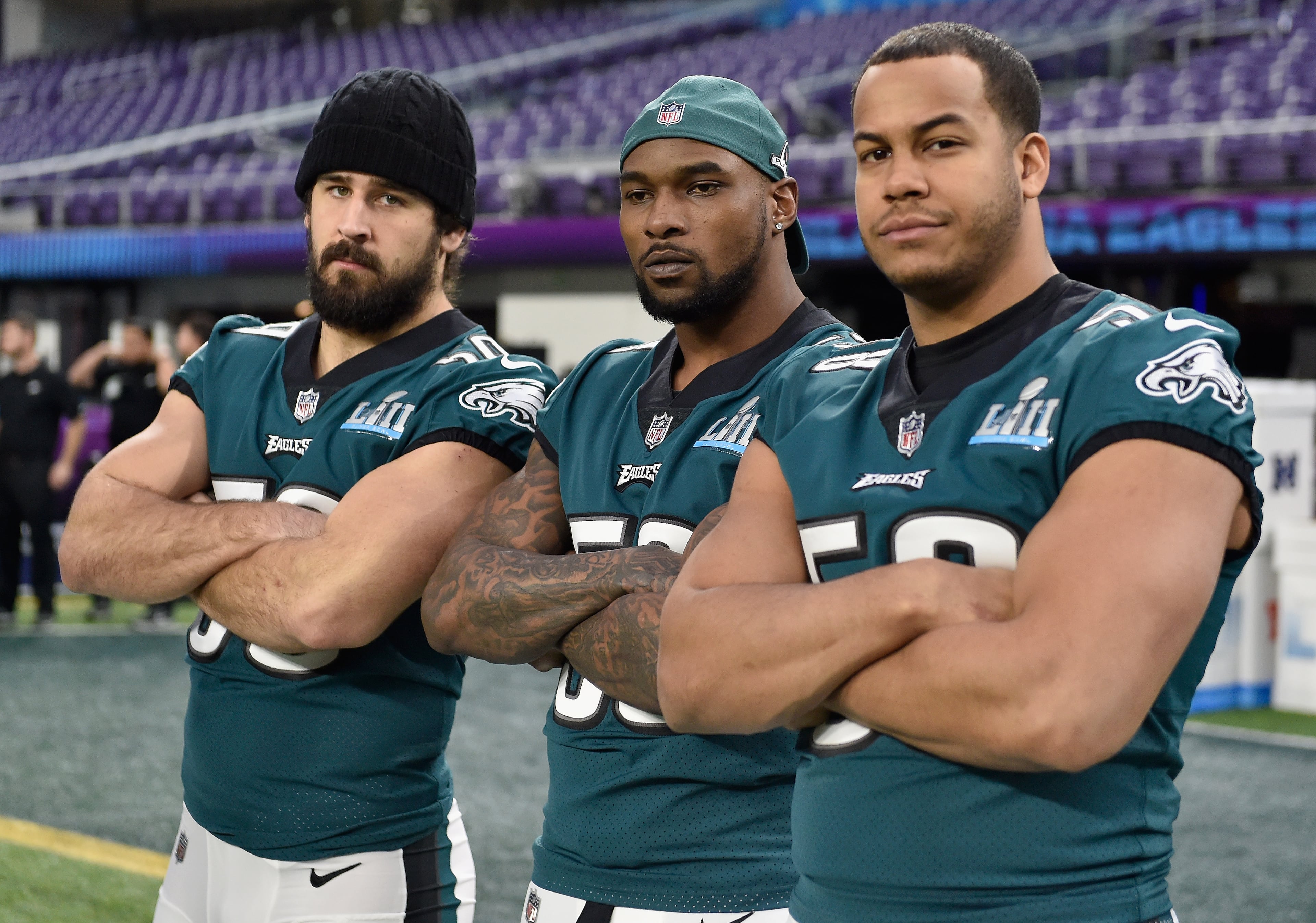 MINNEAPOLIS, MN - FEBRUARY 03: (L-R) Joe Walker #59, Nigel Bradham #53 and Jordan Hicks #58 of the Philadelphia Eagles pose for a photo during Super Bowl LII practice on February 3, 2018 at US Bank Stadium in Minneapolis, Minnesota. The Philadelphia Eagles will face the New England Patriots in Super Bowl LII on February 4th. (Photo by Hannah Foslien/Getty Images)