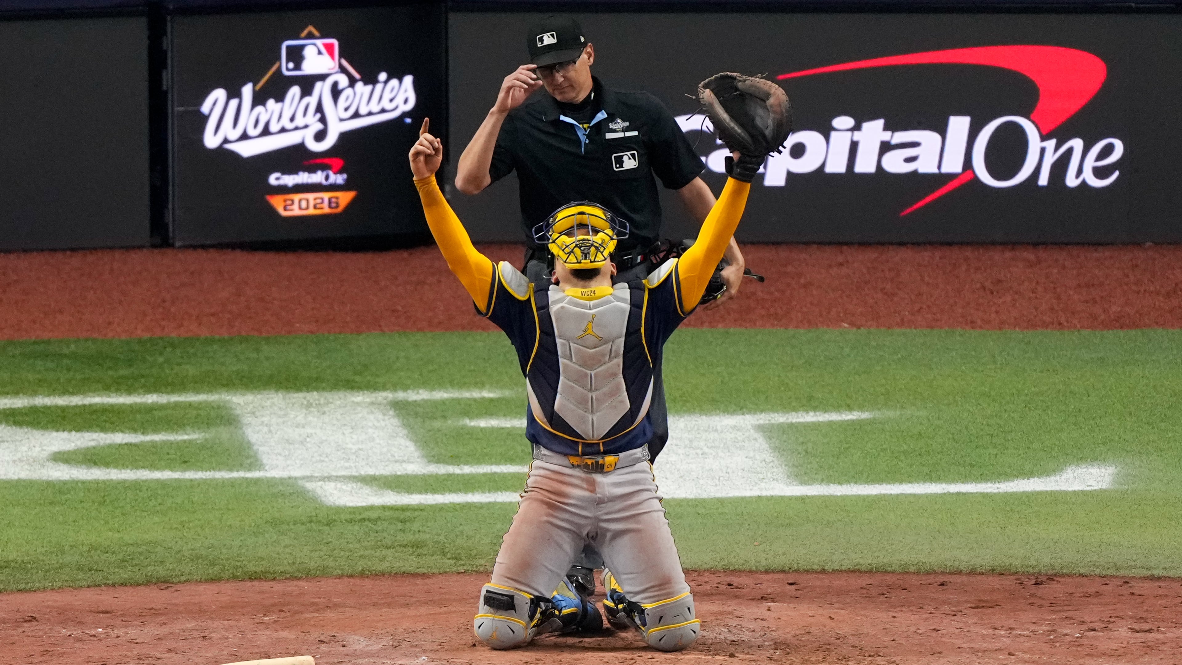 Milwaukee Brewers catcher William Contreras celebrates after winning baseball's World Series, against the Tampa Bay Rays, Wednesday, Oct. 28, 2026, in St. Petersburg, Fla. (AP Photo/Morry Gash)