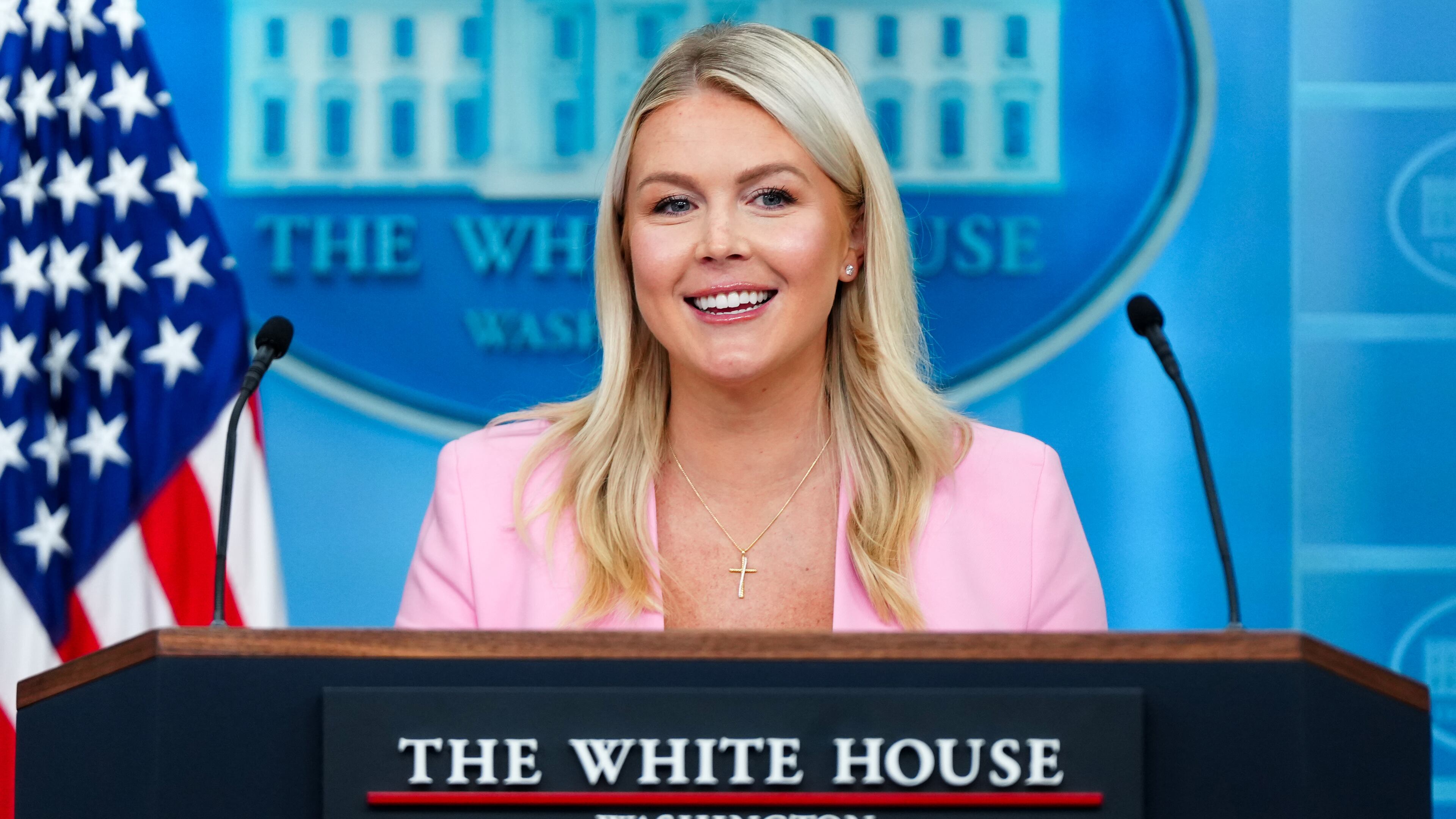 FILE - White House press secretary Karoline Leavitt speaks with reporters in the James Brady Press Briefing Room at the White House, July 16, 2026, in Washington. (AP Photo/Julia Demaree Nikhinson, File)